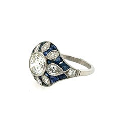 Art Deco Diamond and Sapphire Ring, 1.22ct European Cut, Cocktail Ring