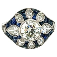 Art Deco Diamond and Sapphire Ring, 1.22ct European Cut, Cocktail Ring