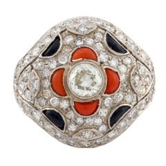 Art Deco Platinum Diamond, Coral, and Onyx Ring