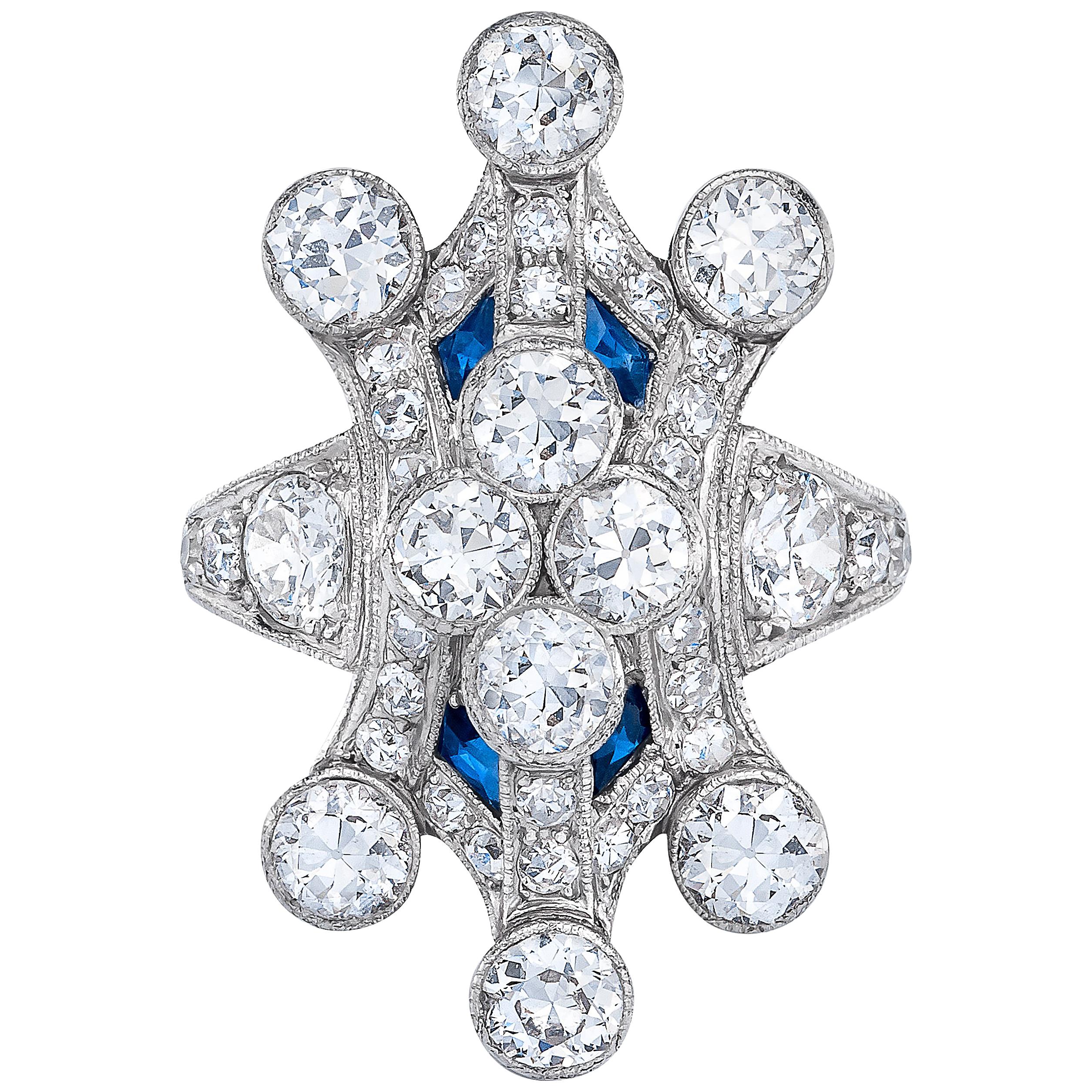 Platinum Art Deco Diamond Sapphire Cocktail Ring