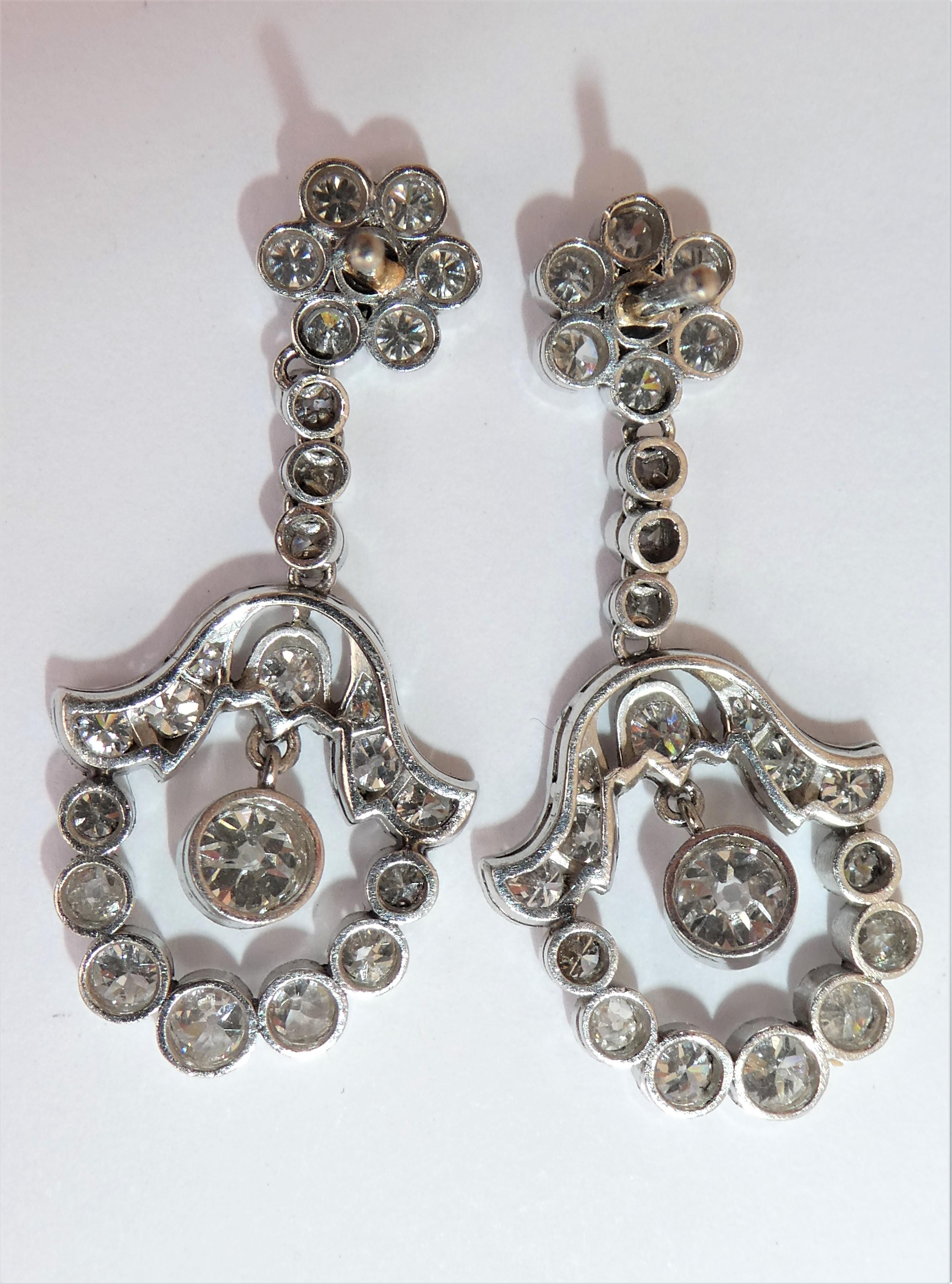 Old Mine Cut Art Deco Platinum Diamond Dangle Earrings