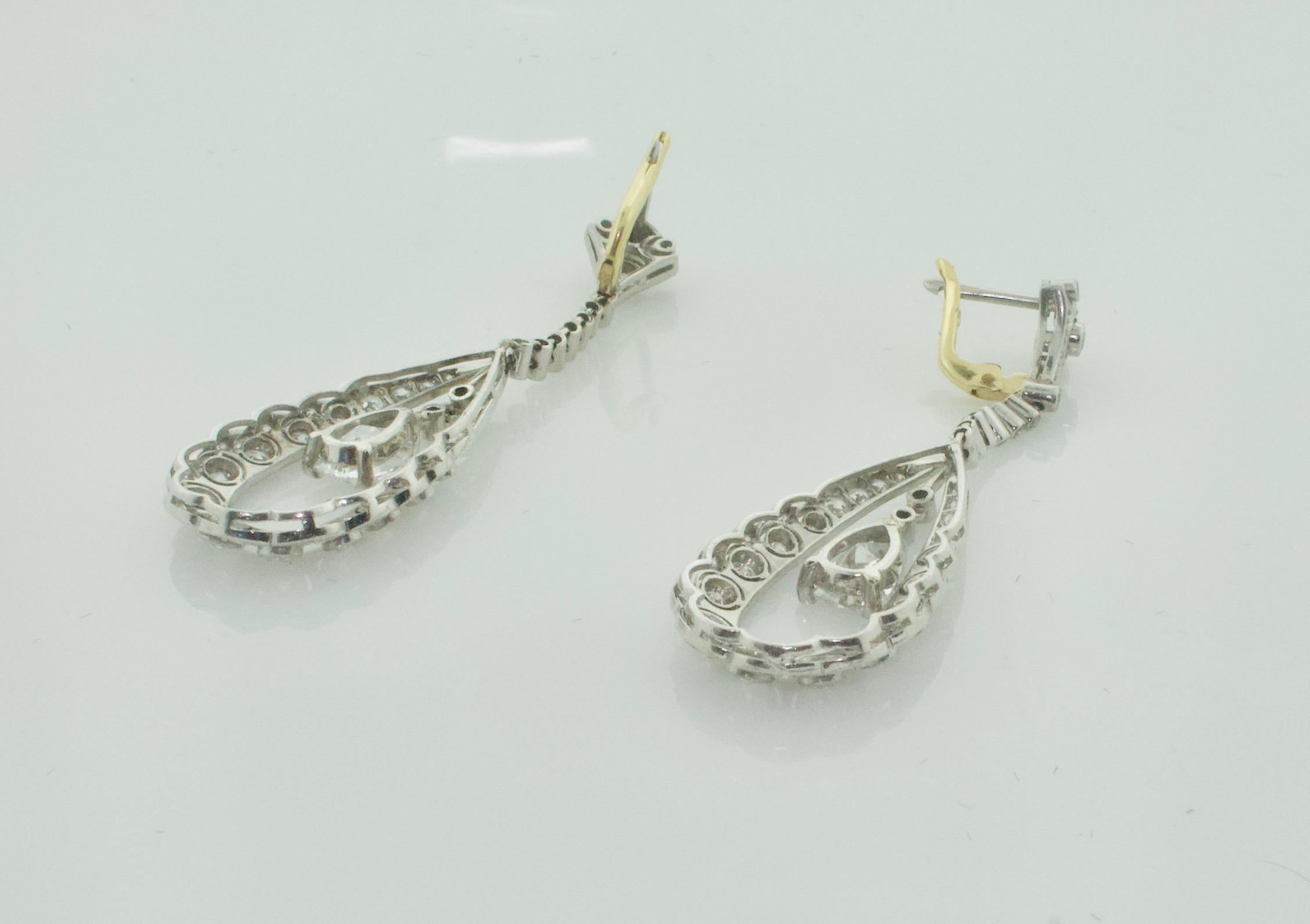 Pear Cut Art Deco Platinum Diamond Dangling Earrings 3.75 Carats