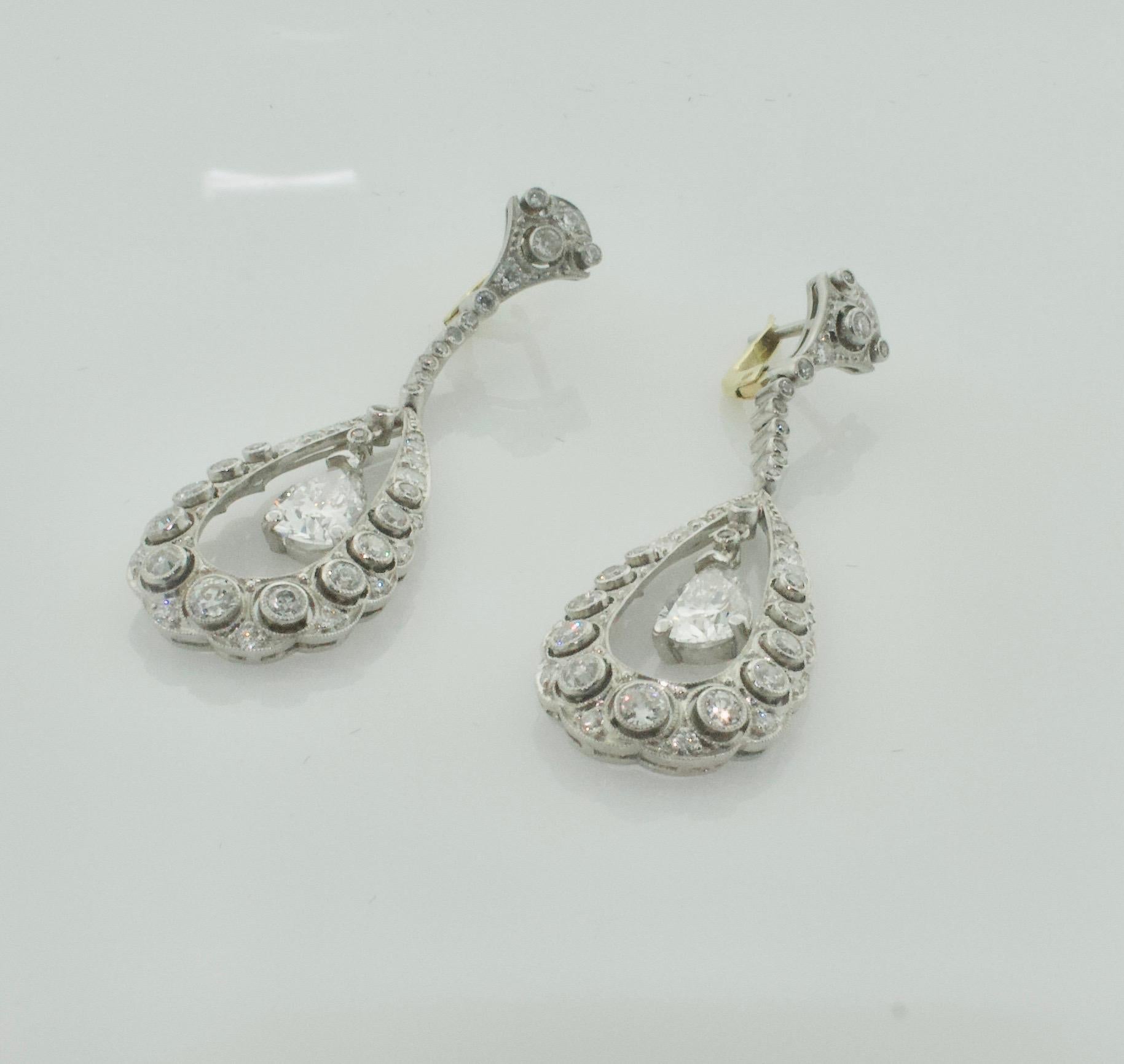 Art Deco Platinum Diamond Dangling Earrings 3.75 Carats In Excellent Condition In Wailea, HI