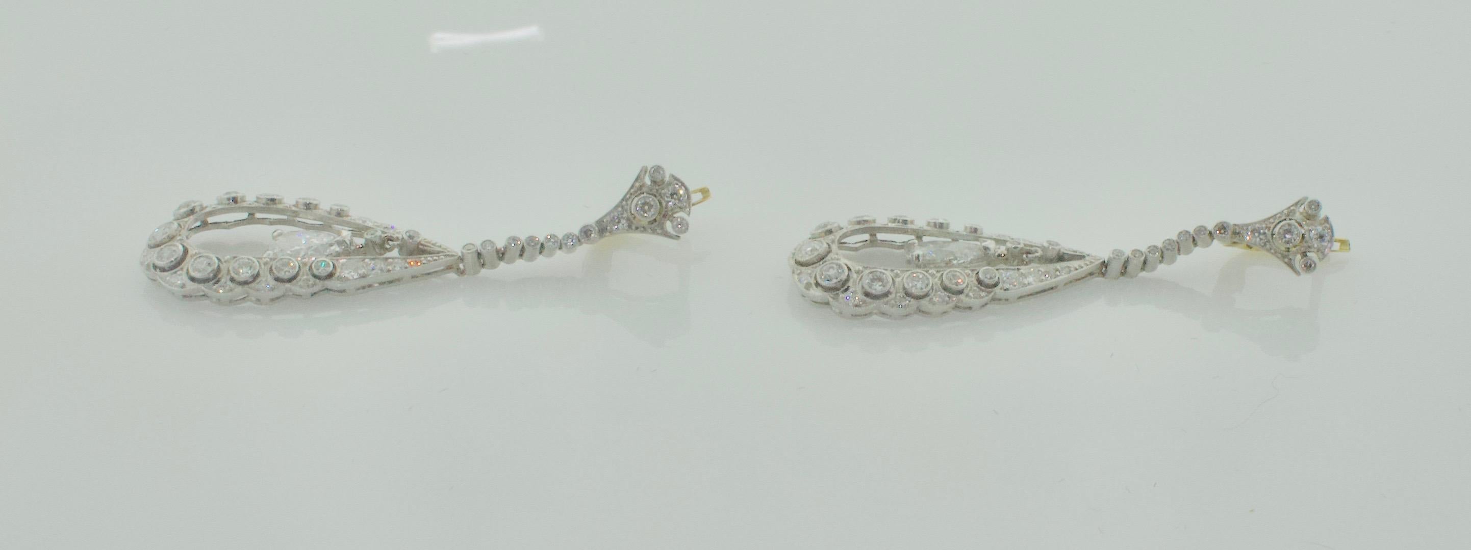 Women's or Men's Art Deco Platinum Diamond Dangling Earrings 3.75 Carats