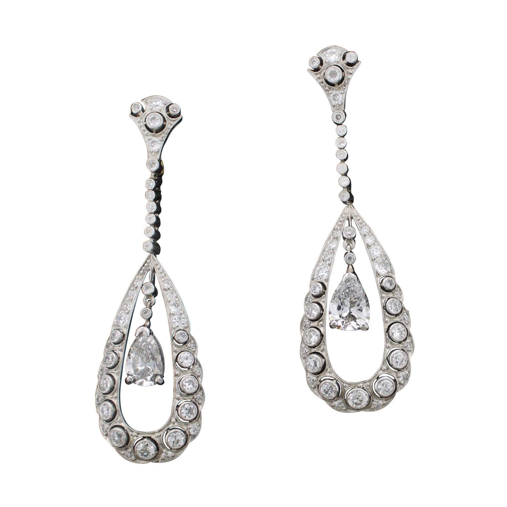 Art Deco Platinum Diamond Dangling Earrings 3.75 Carats
