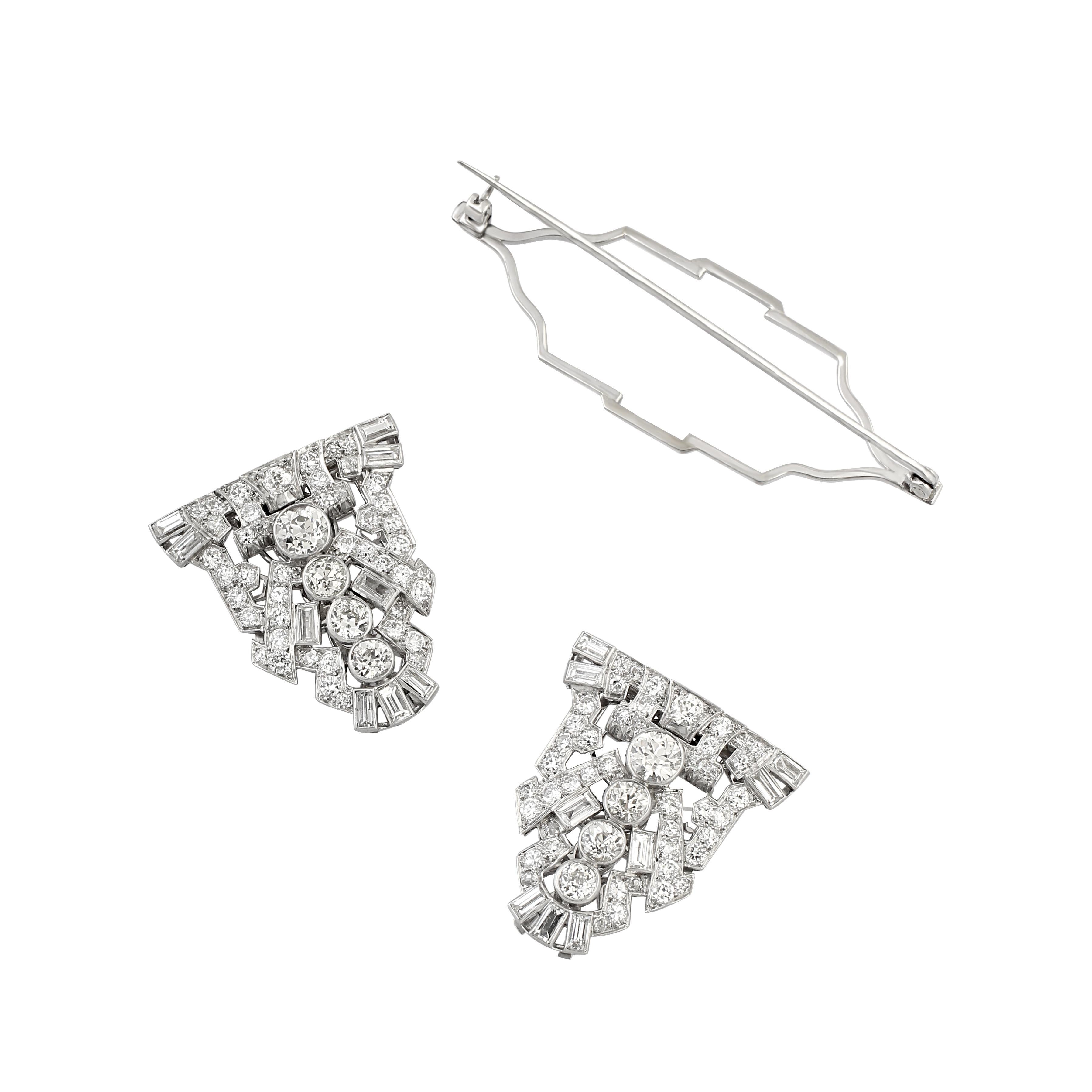 Art Deco Platinum and Diamond Double Clips For Sale at 1stDibs