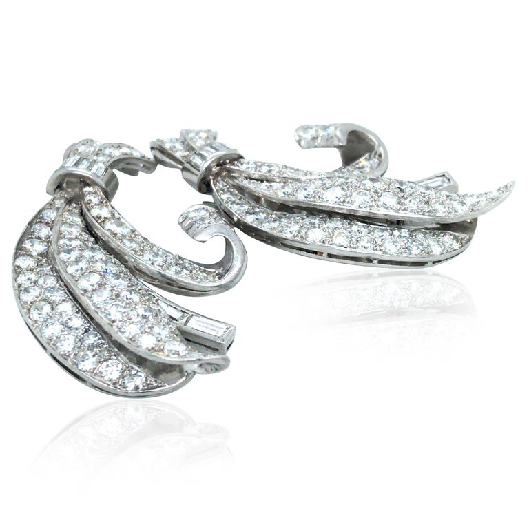Art Deco Platinum Diamond Double Pin Brooch For Sale at 1stDibs
