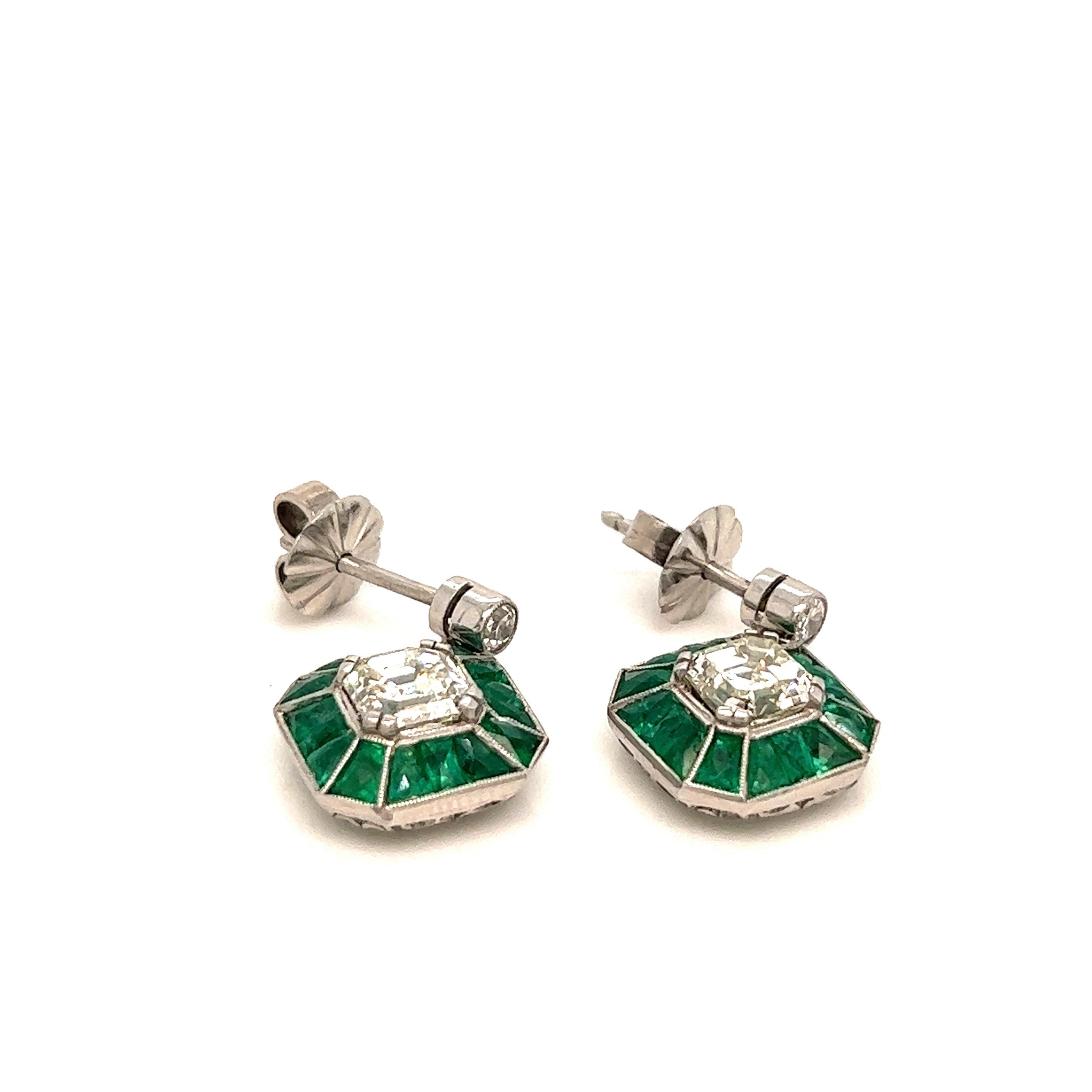 Emerald Cut Art Deco Platinum & Diamond Earrings For Sale