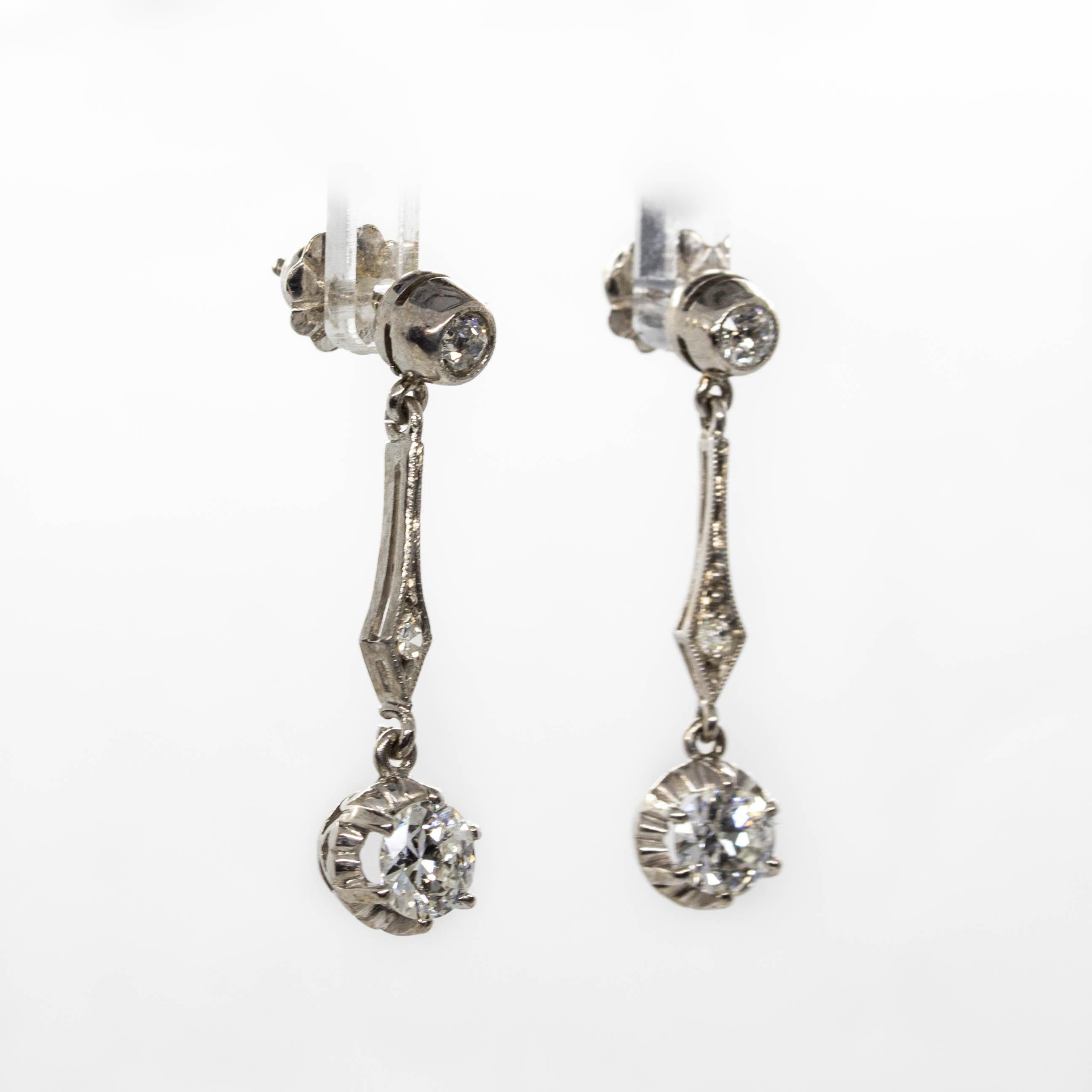 Old European Cut Art Deco Platinum Diamond Earrings For Sale