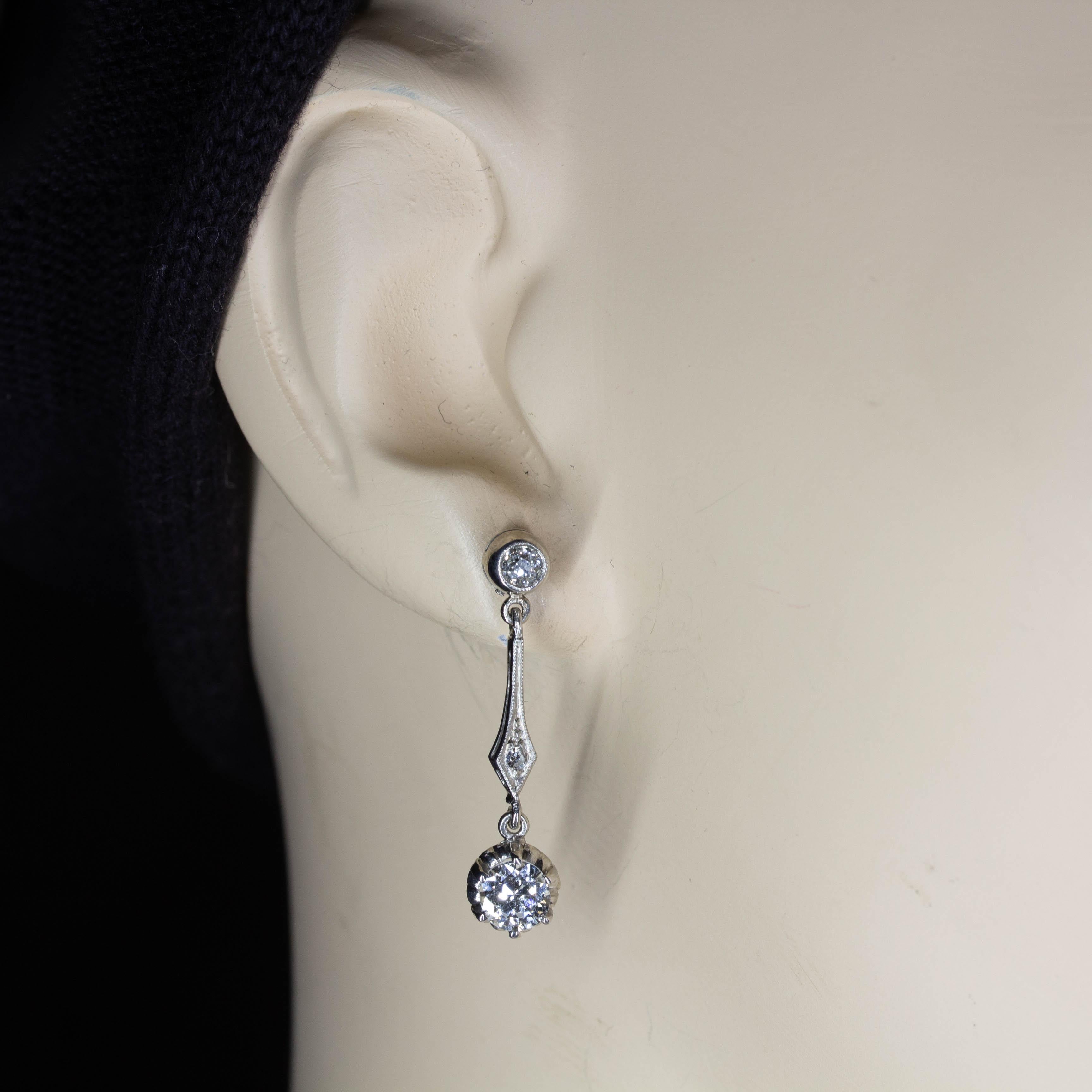 Women's or Men's Art Deco Platinum Diamond Earrings For Sale