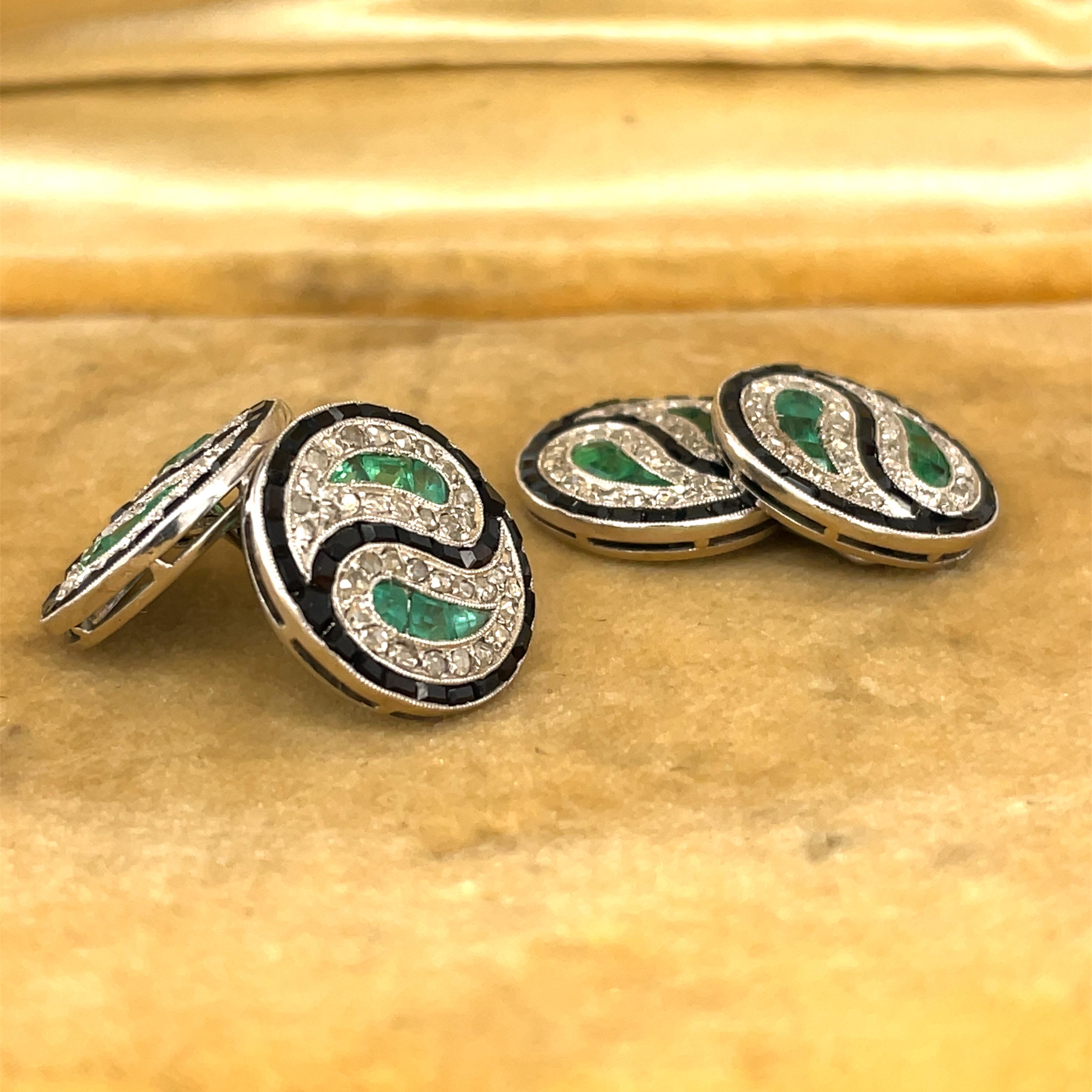 Emerald Cut Art Deco Platinum Diamond Emerald and Onyx Cufflinks