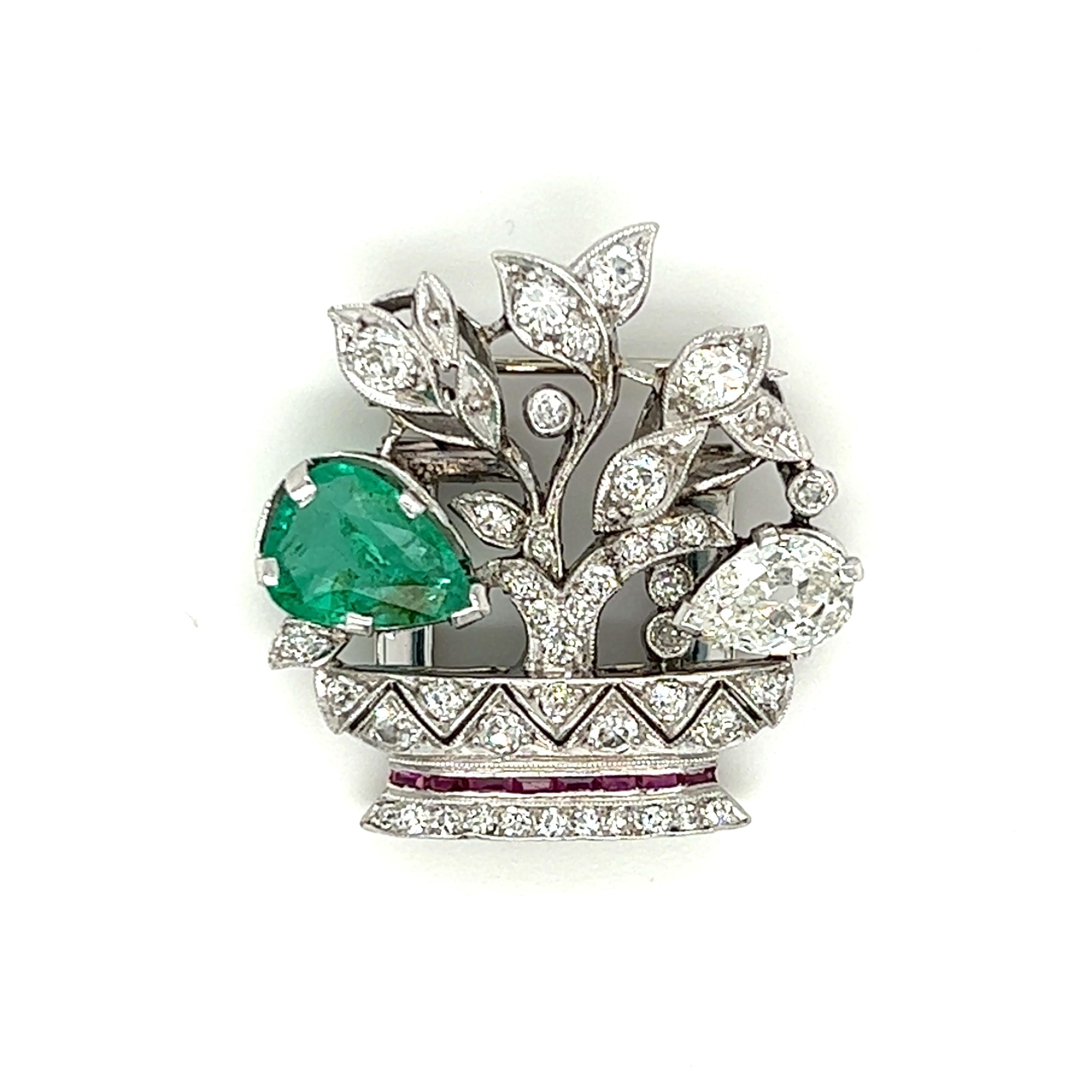 Pear Cut Art Deco Platinum Diamond, Emerald and Ruby Flower Basket Clip Brooch