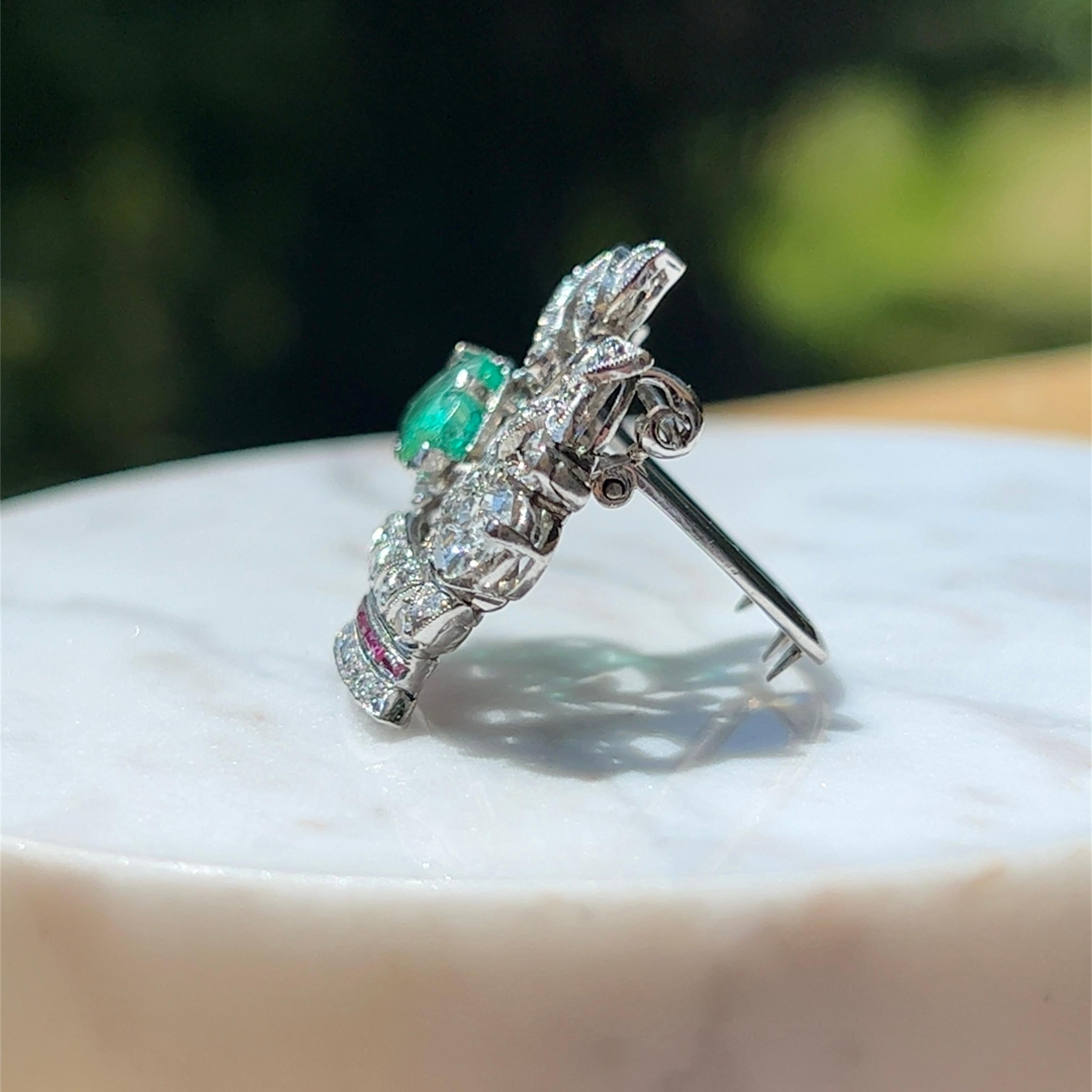 Women's or Men's Art Deco Platinum Diamond, Emerald and Ruby Flower Basket Clip Brooch