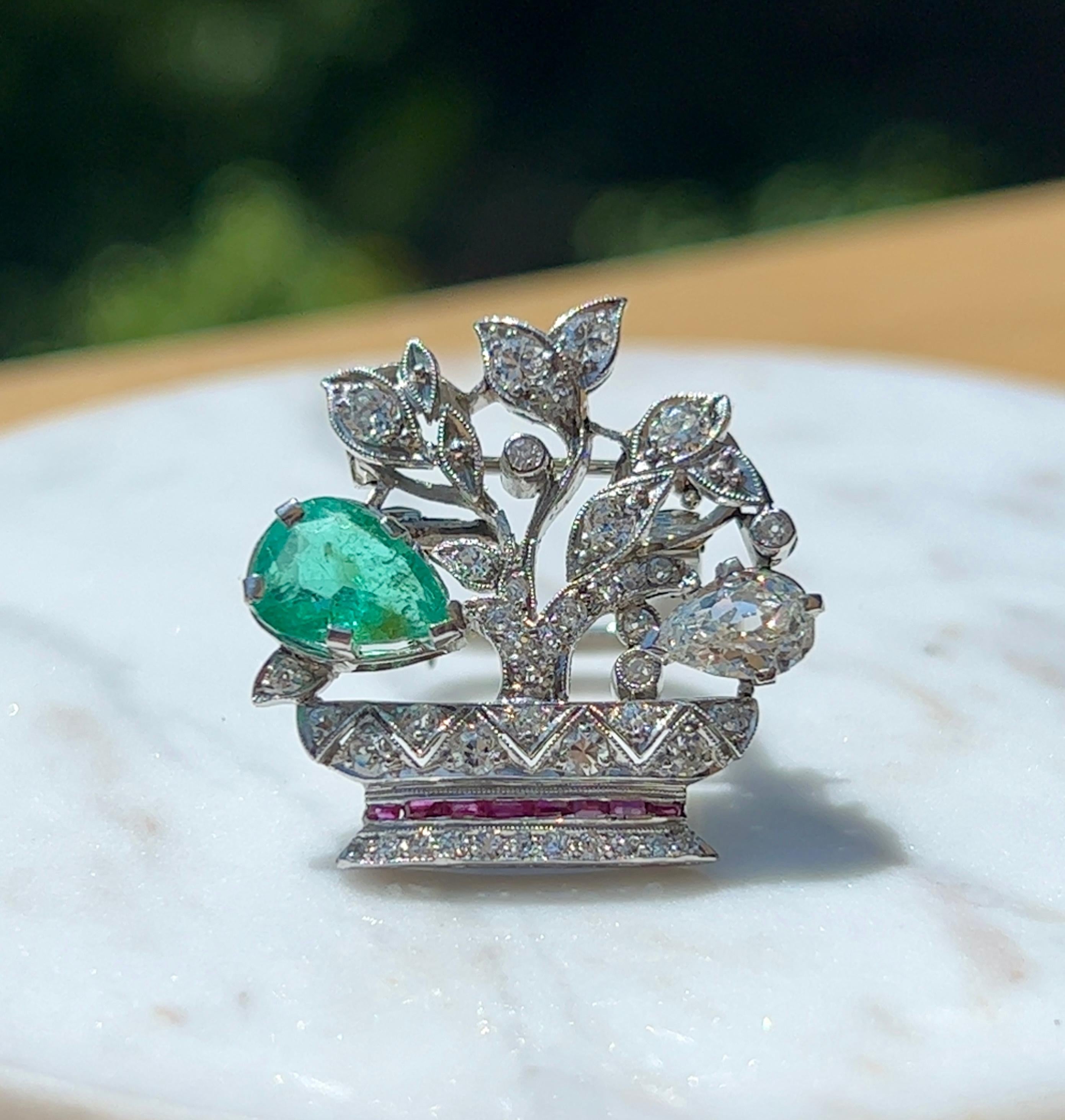Art Deco Platinum Diamond, Emerald and Ruby Flower Basket Clip Brooch 1