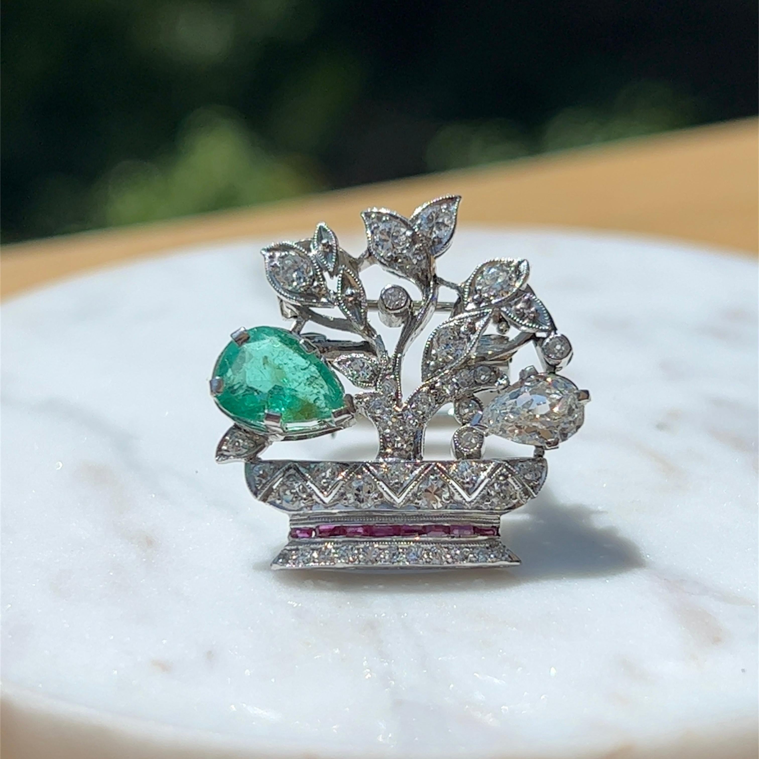 Art Deco Platinum Diamond, Emerald and Ruby Flower Basket Clip Brooch 2