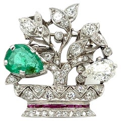 Art Deco Platinum Diamond, Emerald and Ruby Flower Basket Clip Brooch
