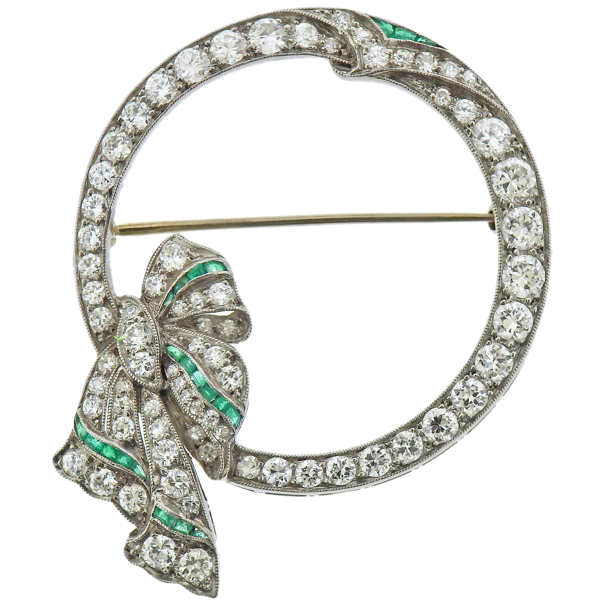 Art Deco Platinum Diamond Emerald Bow Brooch Pin