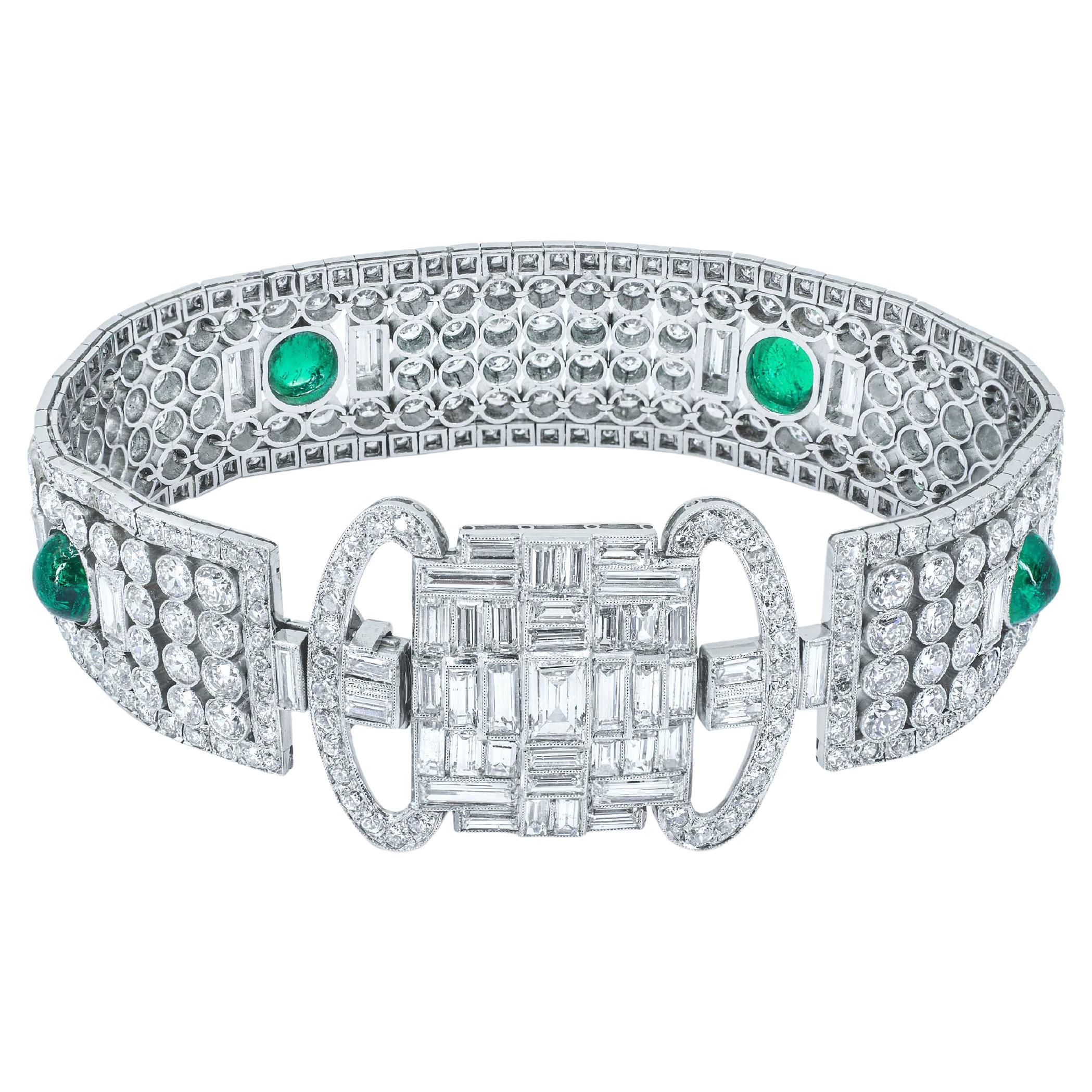Art Deco Platinum Diamond Emerald Bracelet 1920s French