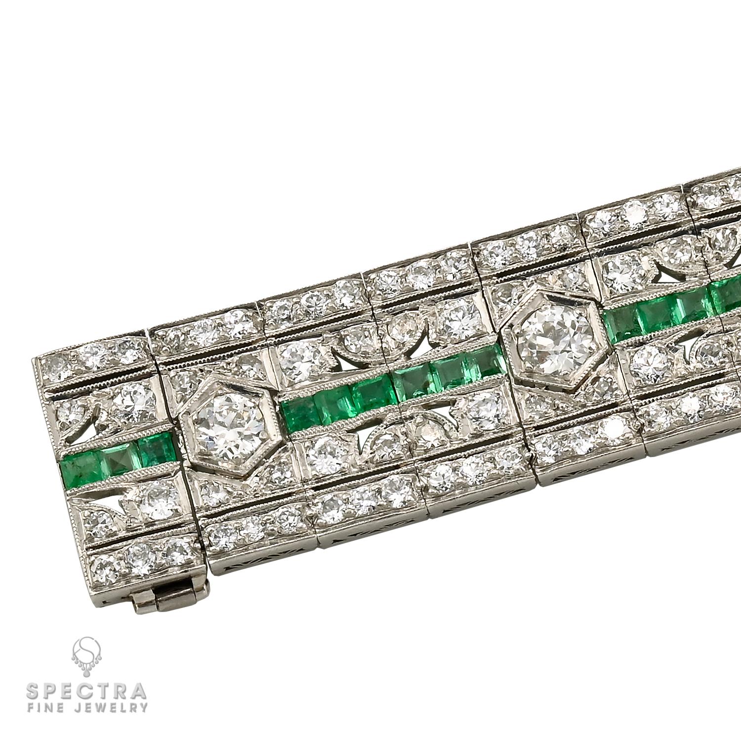 Pulsera Art Déco Platino Diamante Esmeralda Art Decó en venta