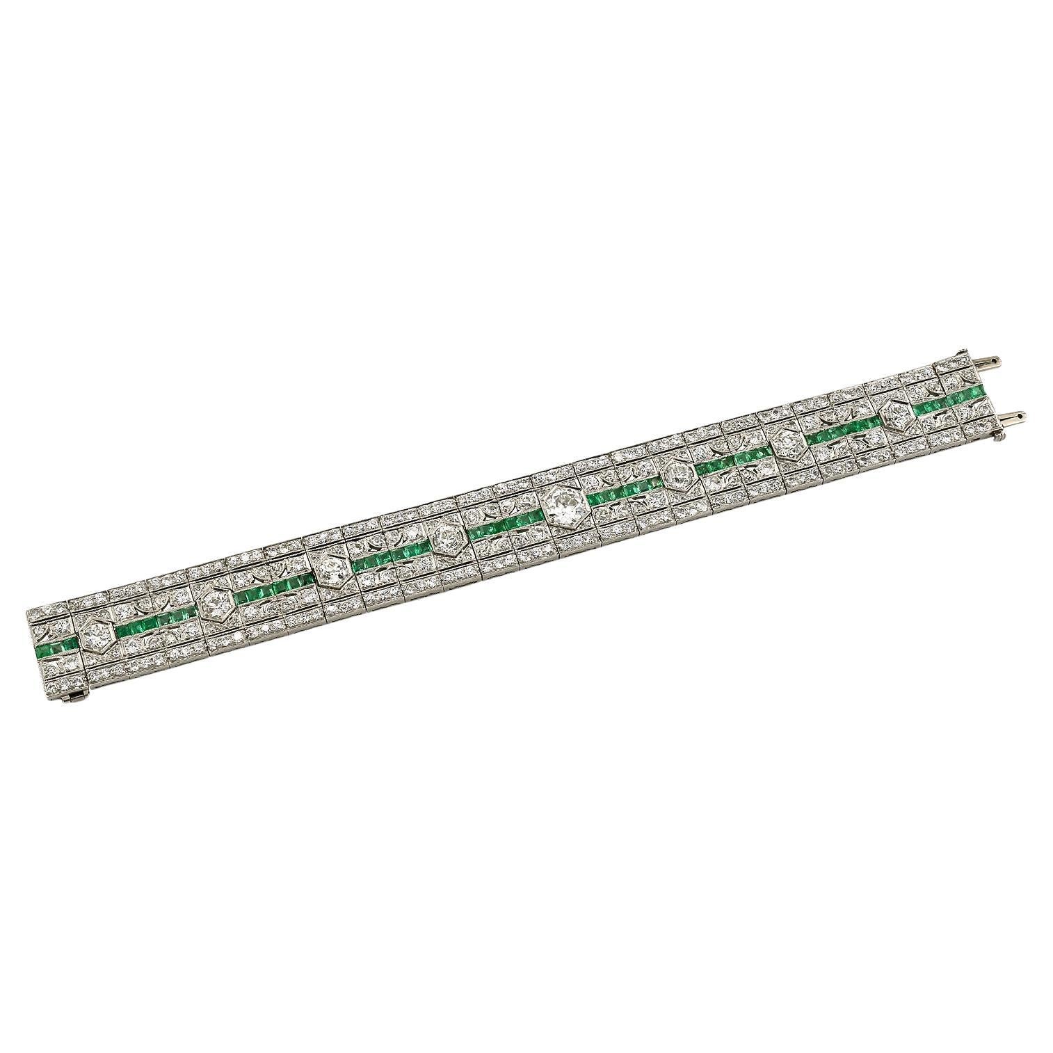Bracelet Art déco en platine avec diamant et émeraude