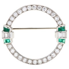 Art Deco Platinum Diamond & Emerald Circle Brooch