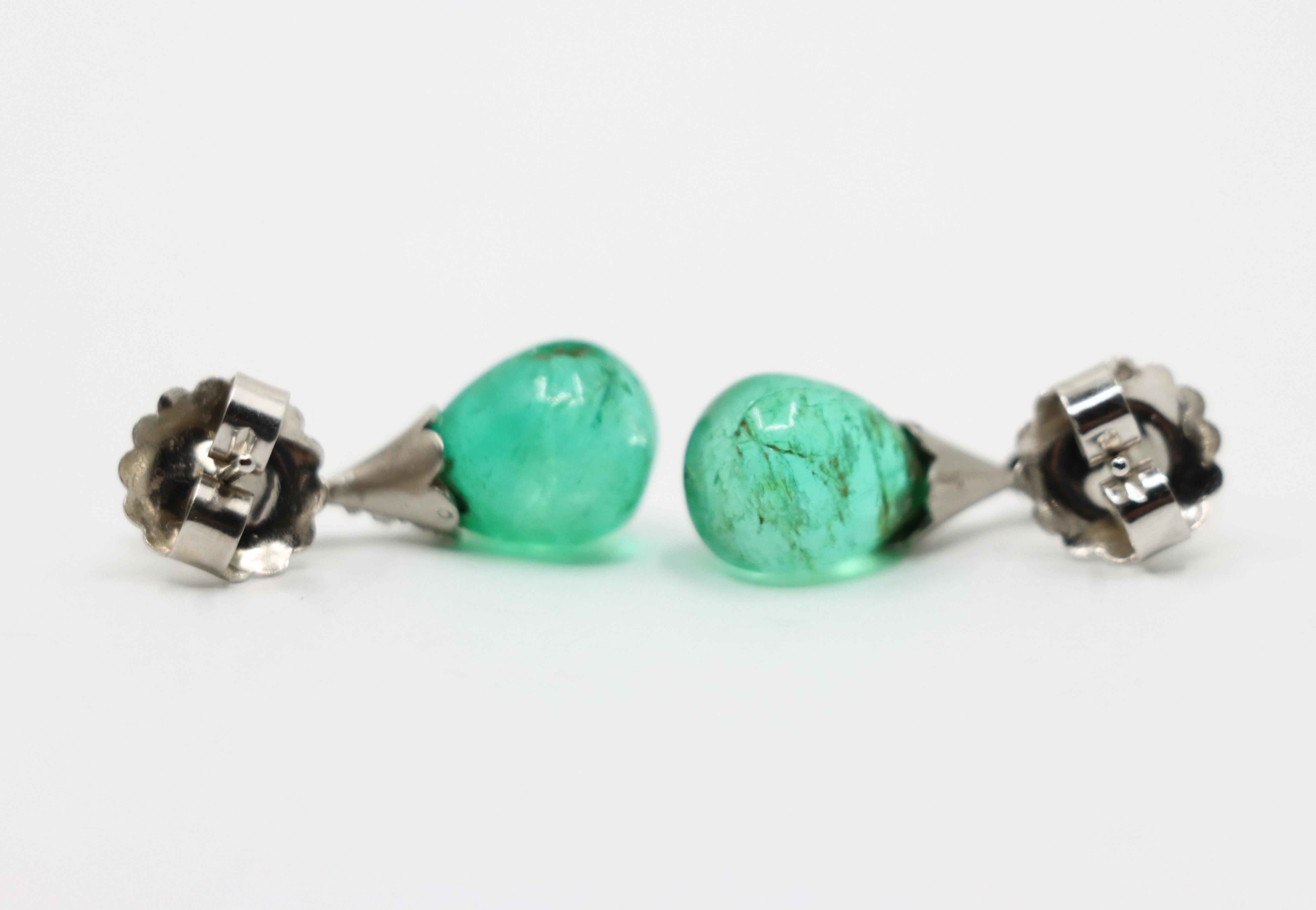 Art Deco Platinum Diamond Emerald Drop Earrings For Sale 5