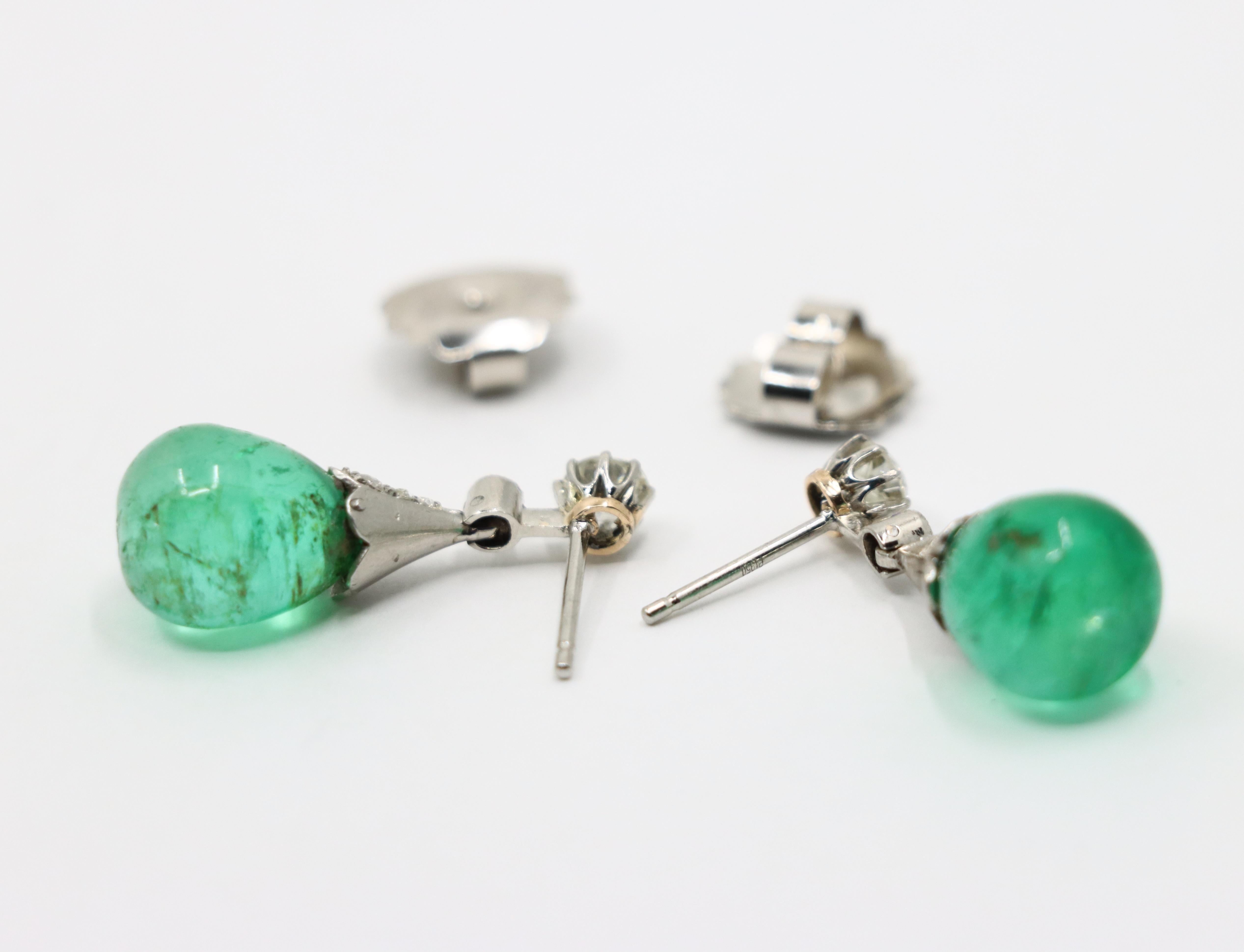 Art Deco Platinum Diamond Emerald Drop Earrings For Sale 6