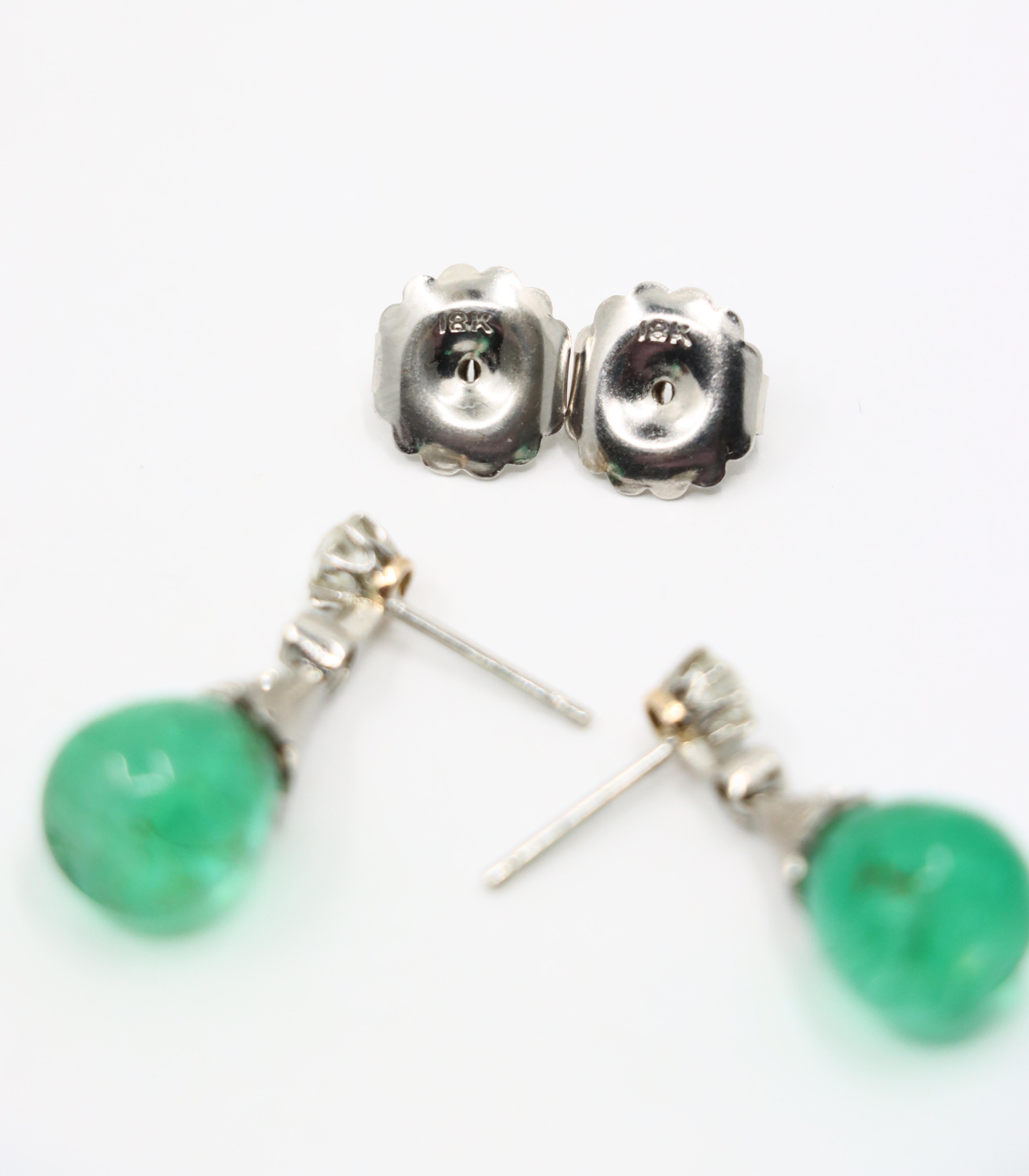 Art Deco Platinum Diamond Emerald Drop Earrings For Sale 7