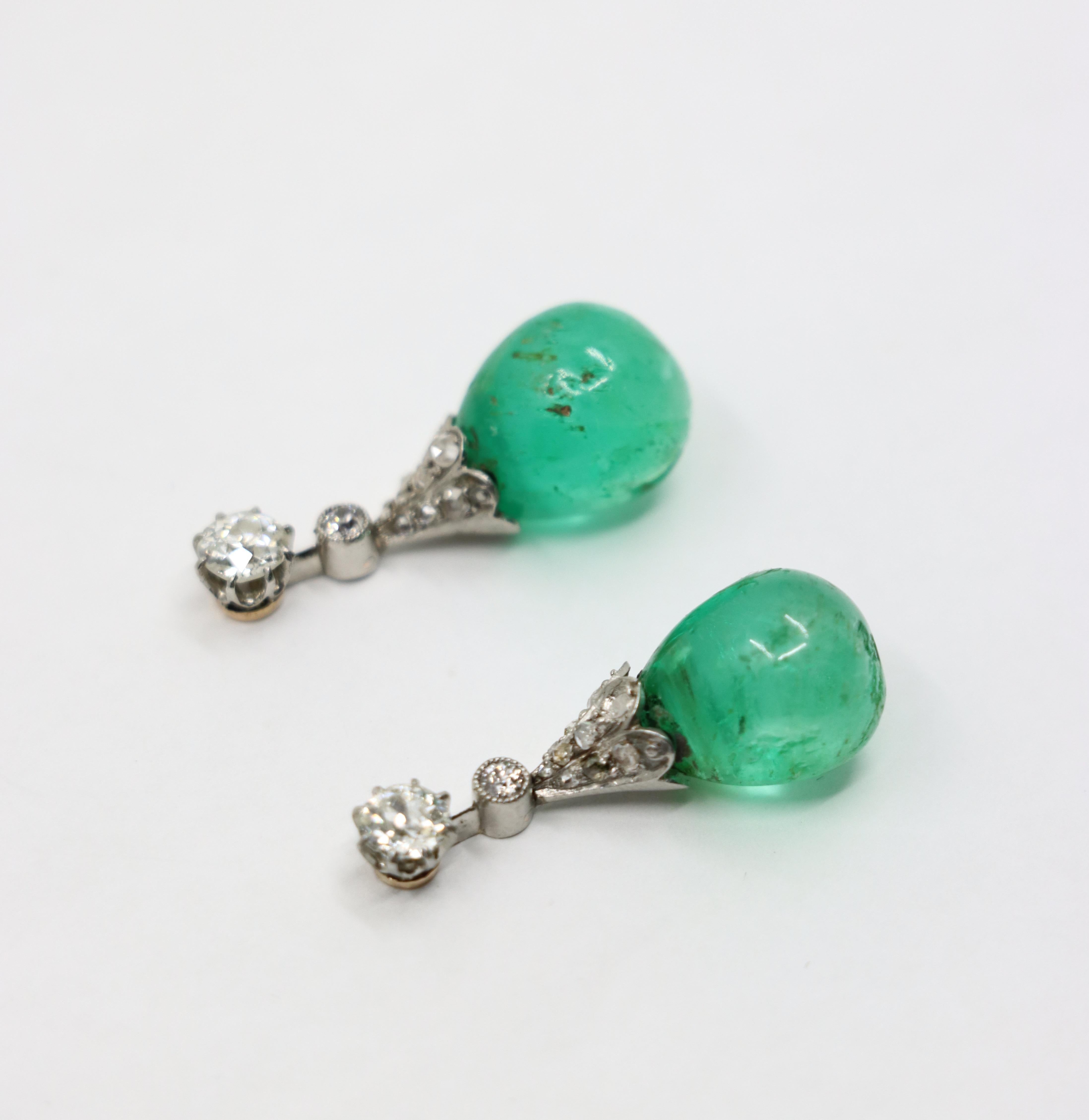 Women's or Men's Art Deco Platinum Diamond Emerald Drop Earrings For Sale