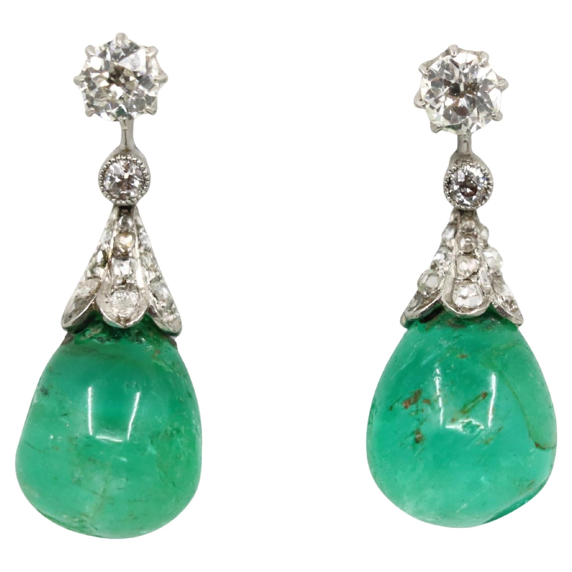 Art Deco Platinum Diamond Emerald Drop Earrings