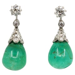 Art Deco Platinum Diamond Emerald Drop Earrings
