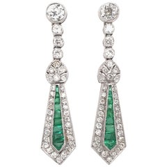 Art Deco Platinum Diamond Emerald Earrings Art Deco Platinum Diamond Emerald Earrings