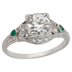 Art Deco Platinum Diamond 
Emerald Engagement Ring 1.59ct