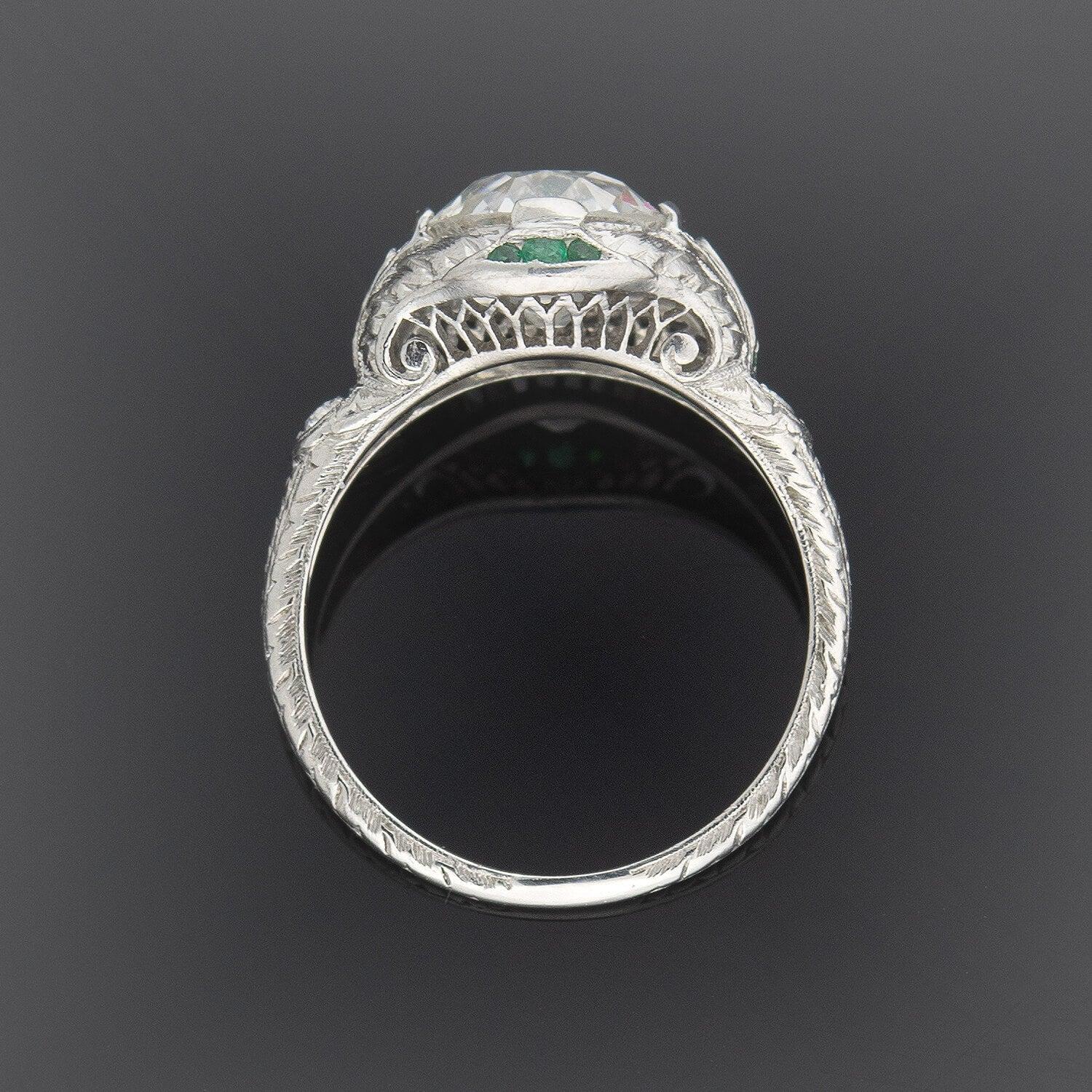 Old European Cut Art Deco Platinum Diamond + Emerald Engagement Ring 2.36ctw Center For Sale