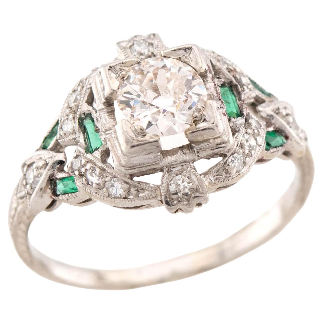 Art Deco Platinum Diamond 
Emerald Engagement Ring .80ct