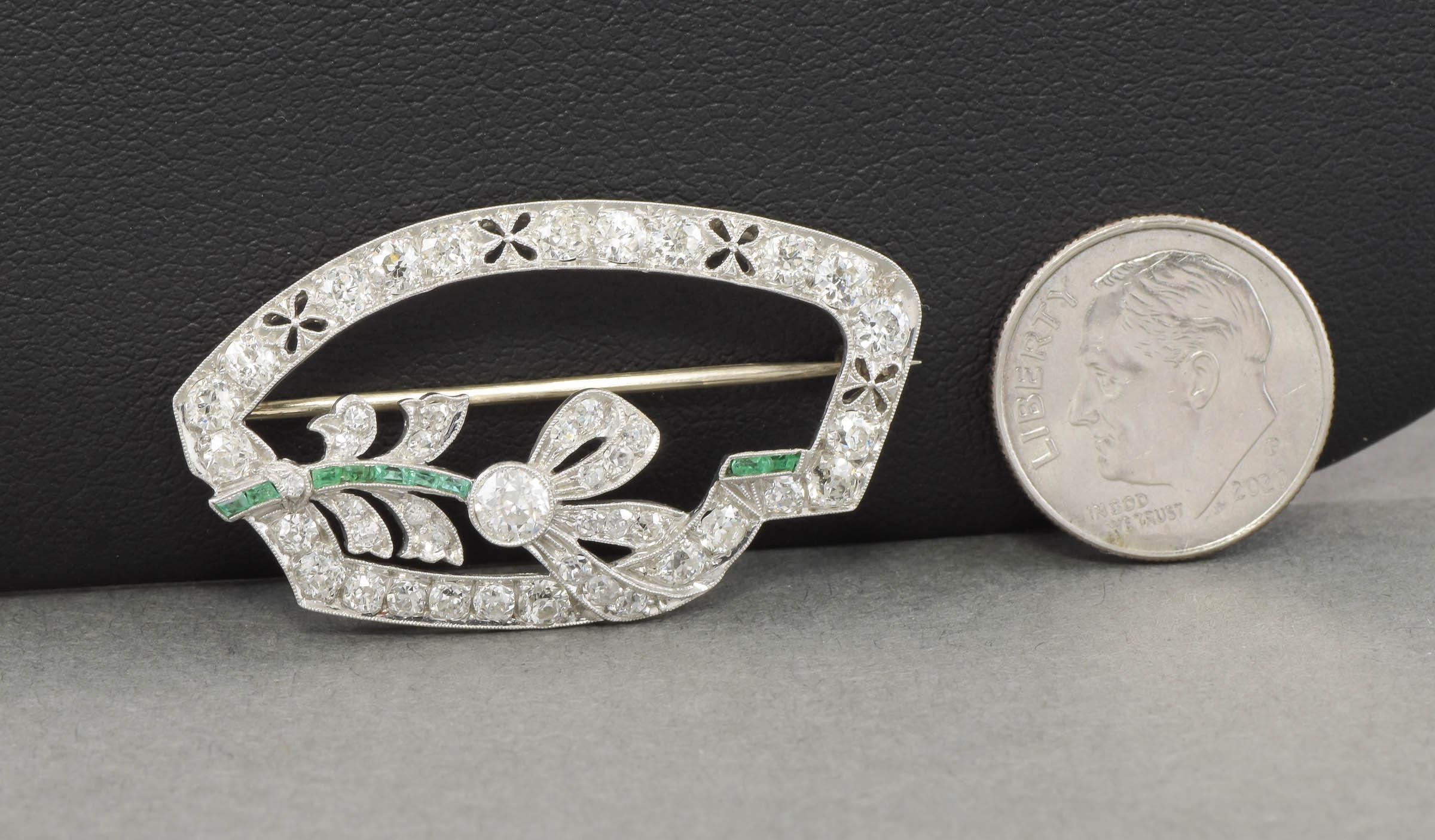 Old European Cut Art Deco Platinum Diamond Emerald Foliate Brooch  For Sale