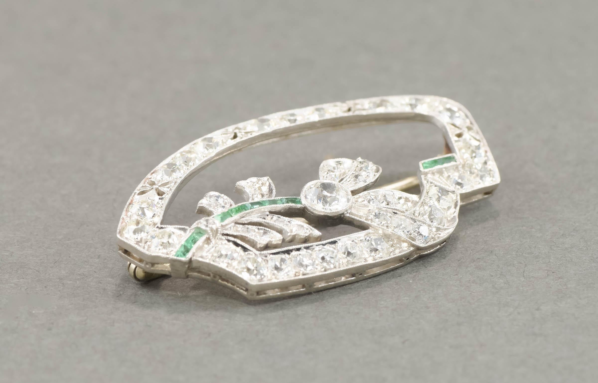 Women's Art Deco Platinum Diamond Emerald Foliate Brooch  For Sale