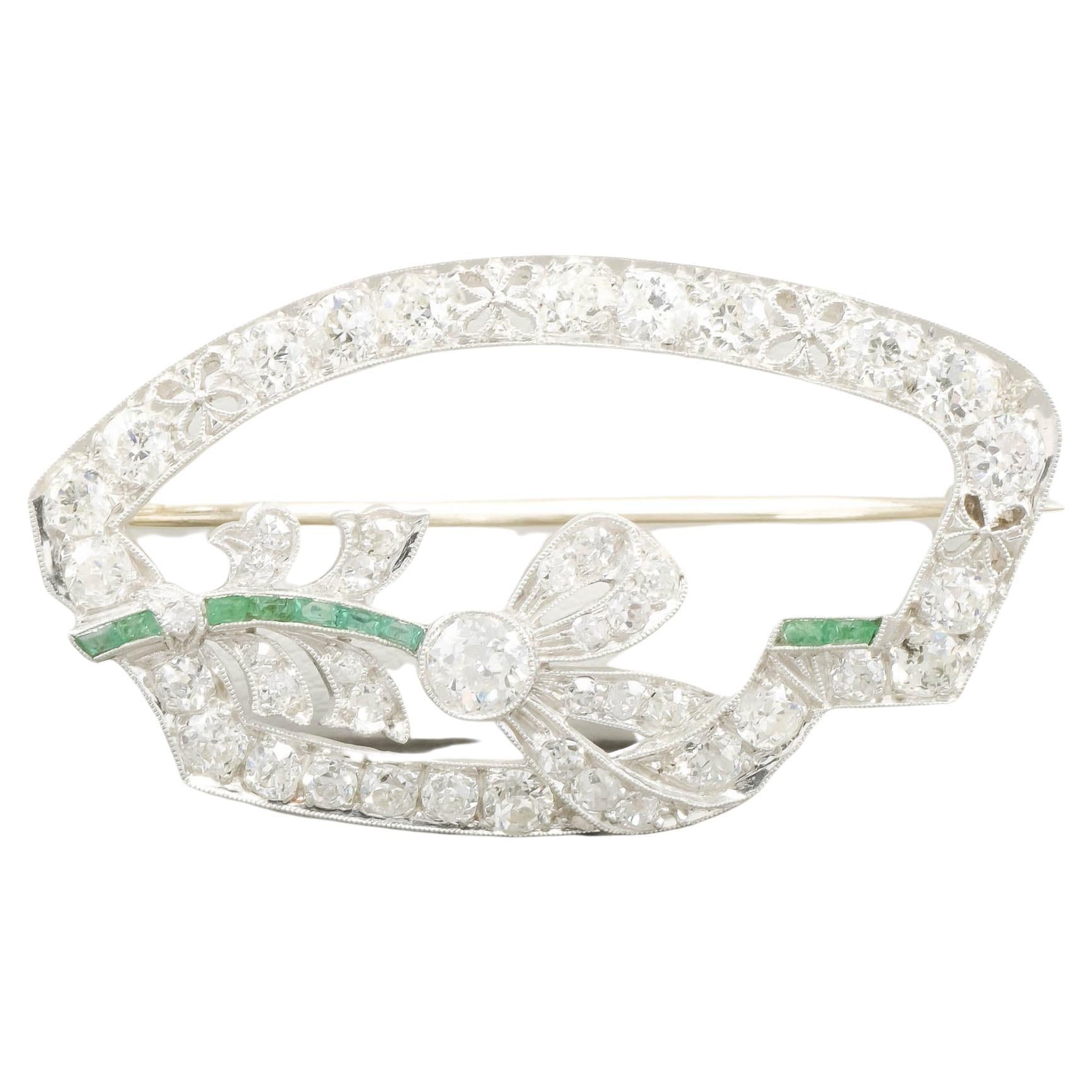 Art Deco Platinum Diamond Emerald Foliate Brooch  For Sale