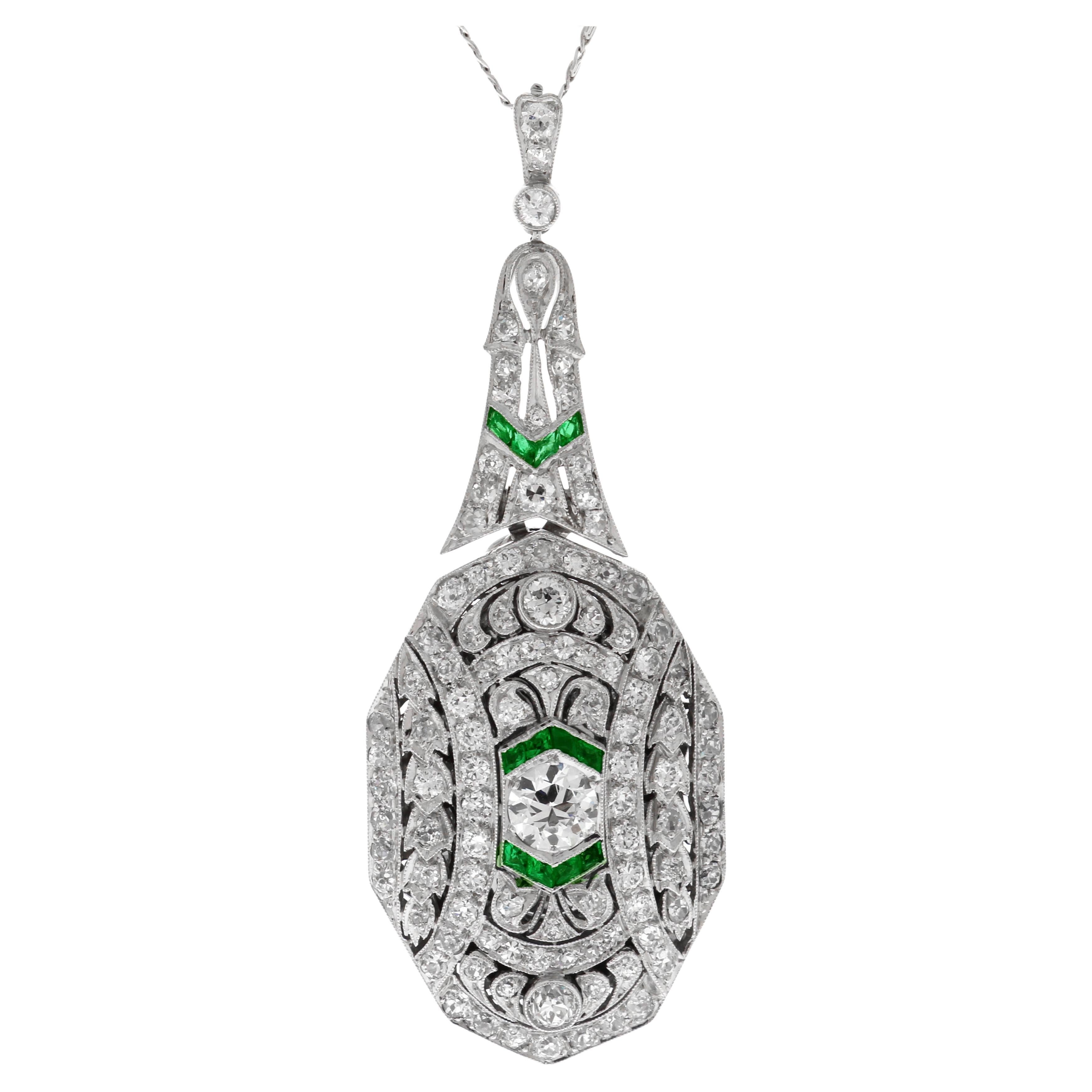 Art Deco Platinum Diamond & Emerald Locket Pendant