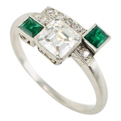 Art Deco Platinum Diamond Emerald Ring, 1930s