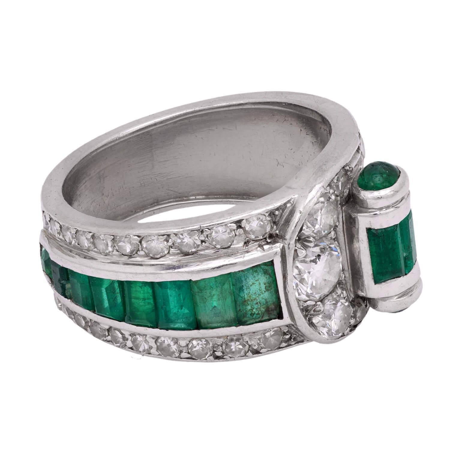 Old European Cut Art Deco Platinum Diamond & Emerald Ring For Sale