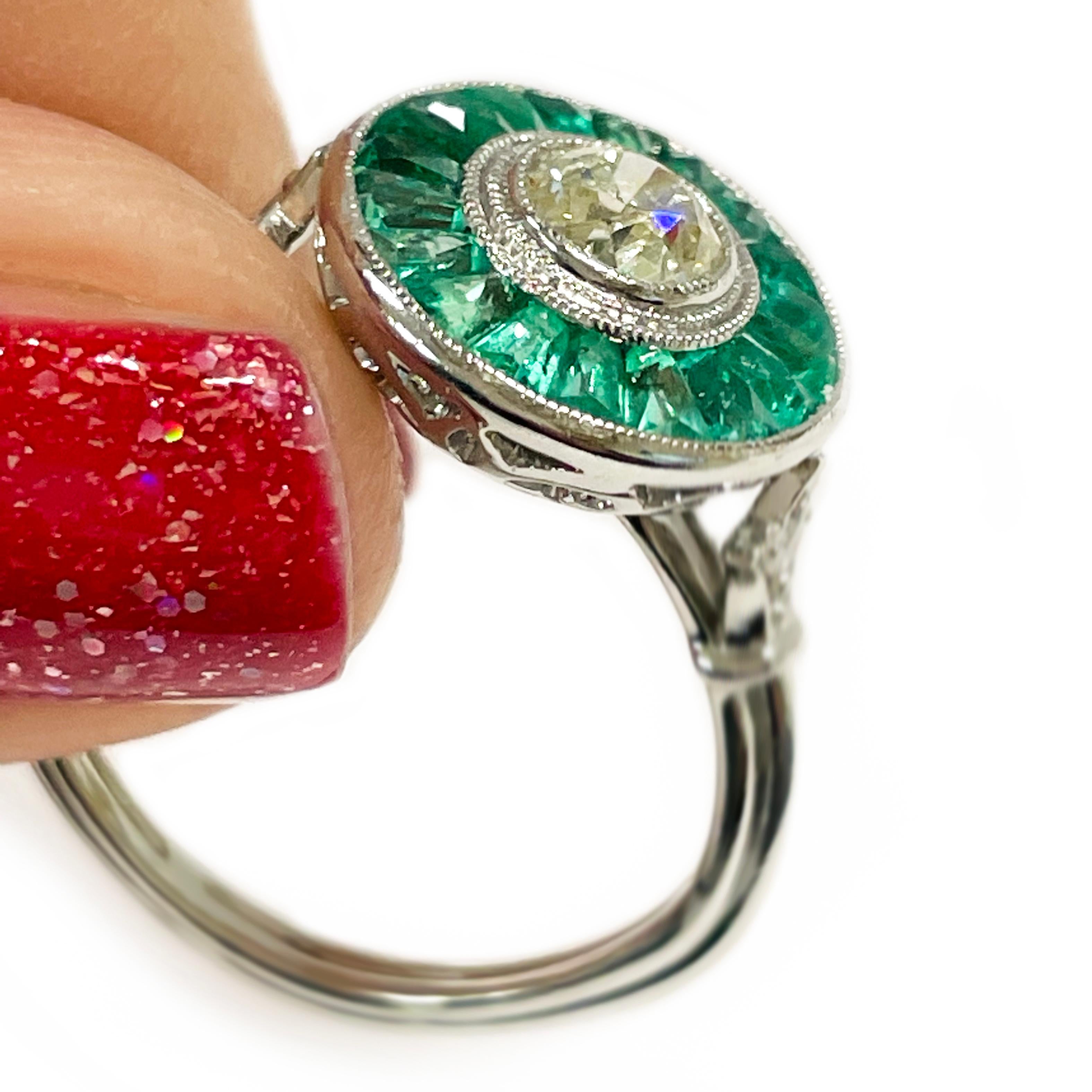 Contemporary Art Deco Platinum Emerald Diamond Ring