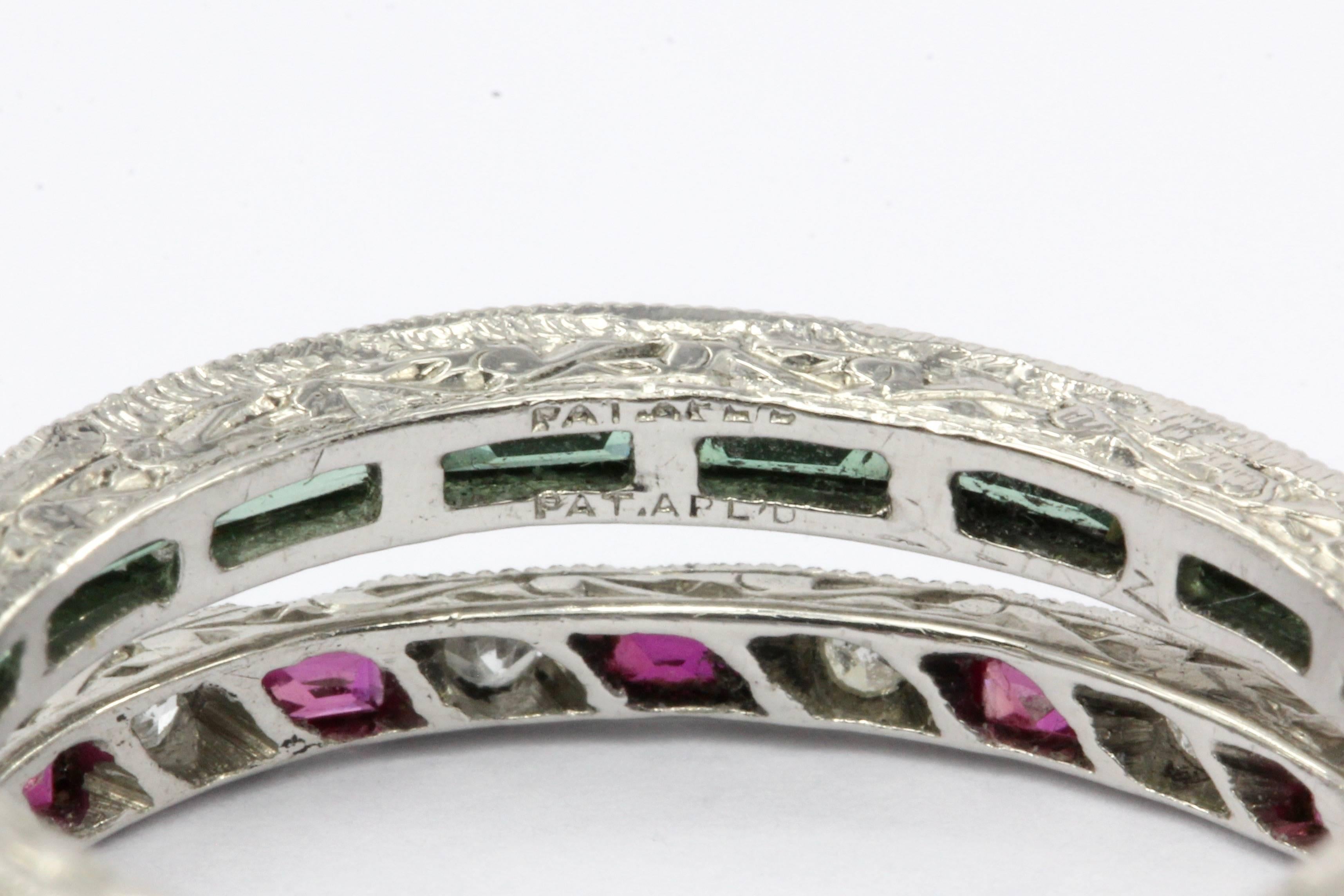 Art Deco Platinum Diamond Emerald Sapphire Ruby Flip Swivel Ring Eternity Band 4