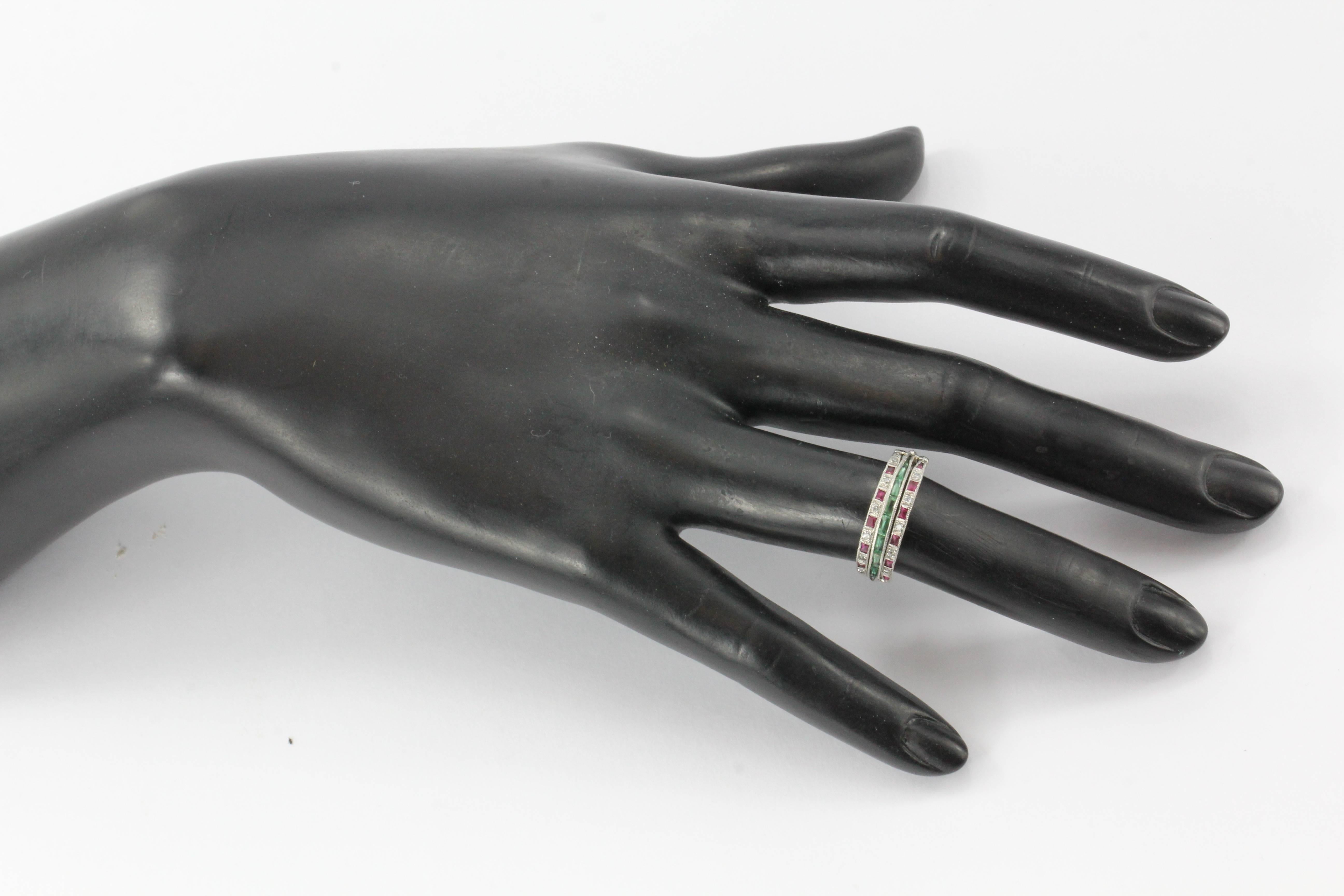 Art Deco Platinum Diamond Emerald Sapphire Ruby Flip Swivel Ring Eternity Band 5
