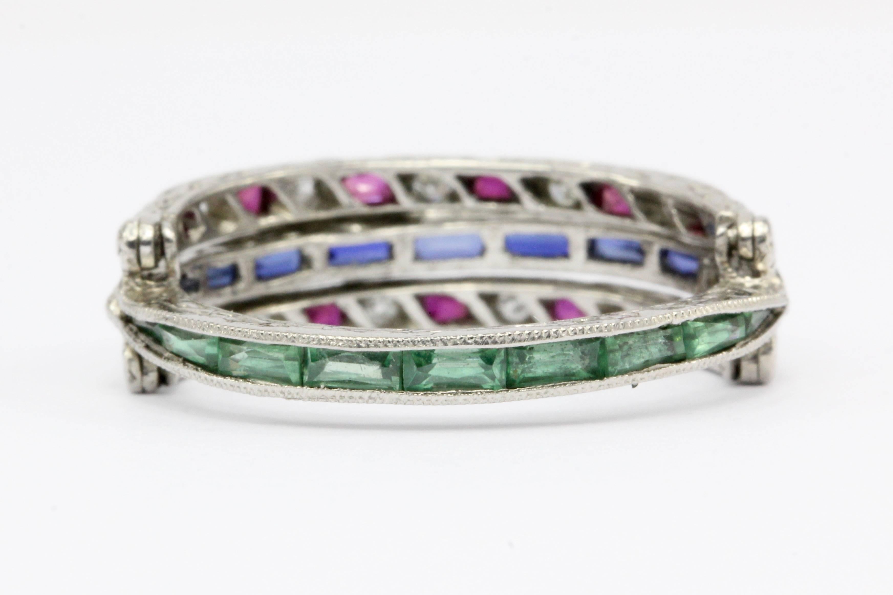 French Cut Art Deco Platinum Diamond Emerald Sapphire Ruby Flip Swivel Ring Eternity Band