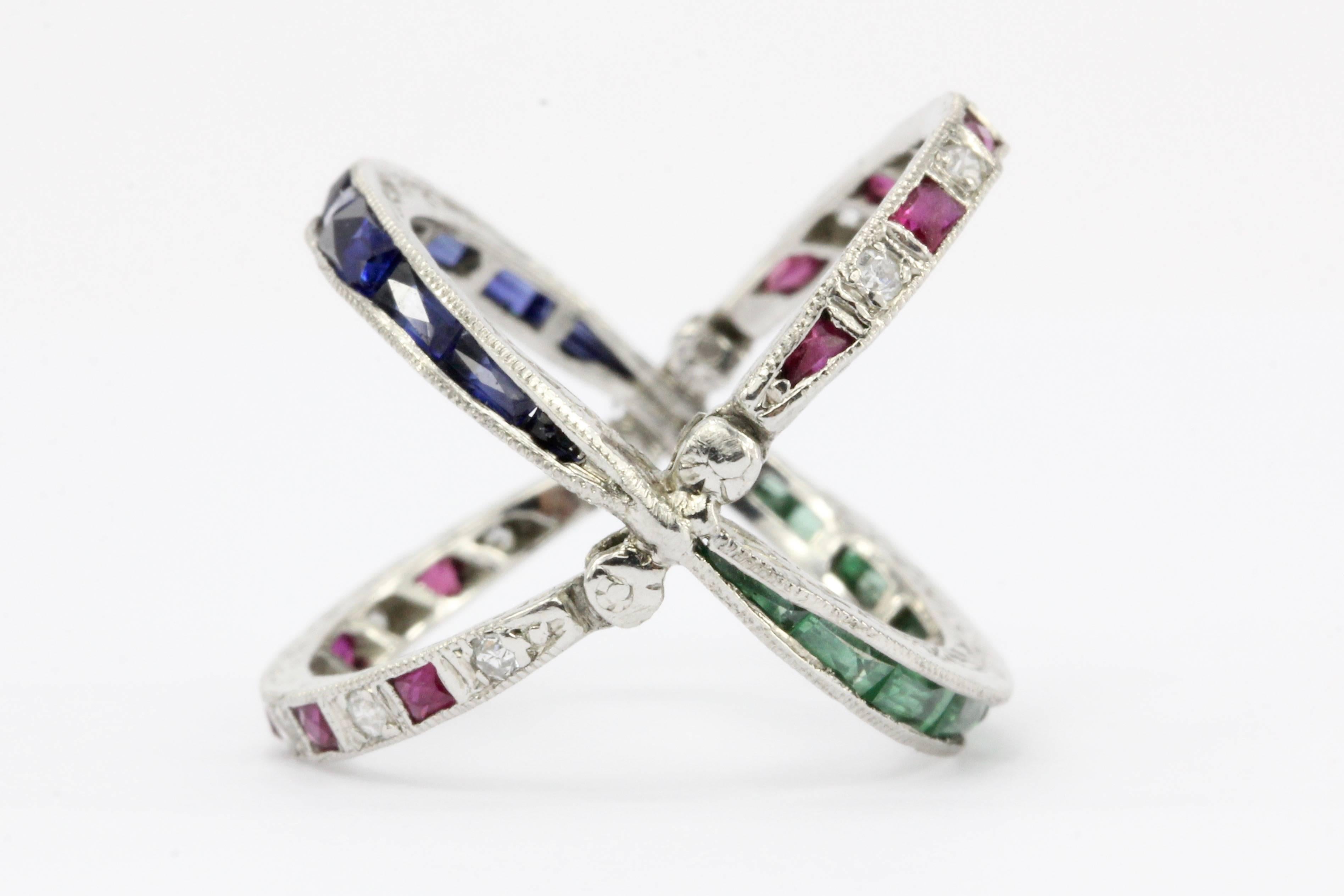 Art Deco Platinum Diamond Emerald Sapphire Ruby Flip Swivel Ring Eternity Band In Excellent Condition In Cape May, NJ