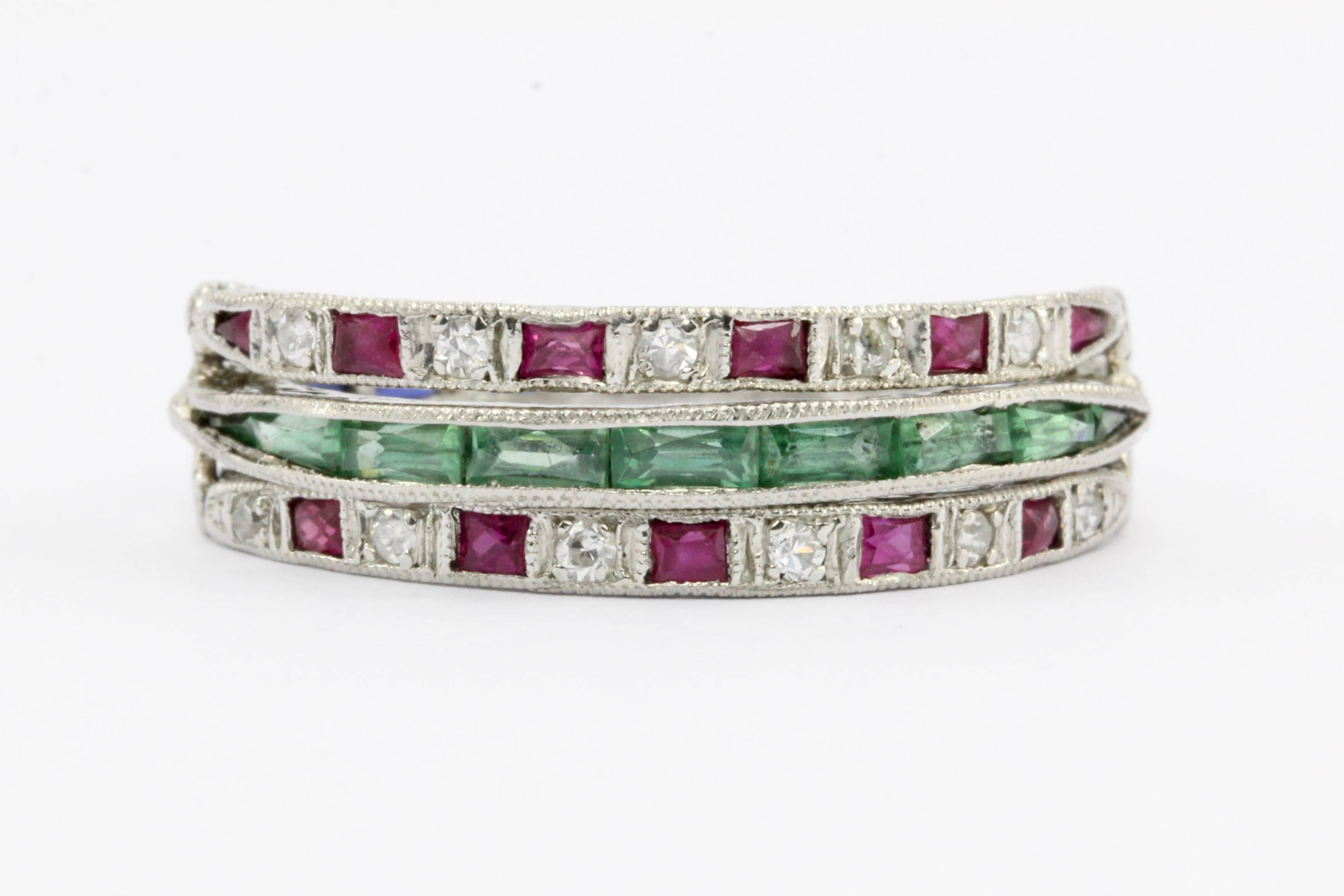 Women's Art Deco Platinum Diamond Emerald Sapphire Ruby Flip Swivel Ring Eternity Band