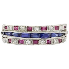 Art Deco Platinum Diamond Emerald Sapphire Ruby Flip Swivel Ring Eternity Band