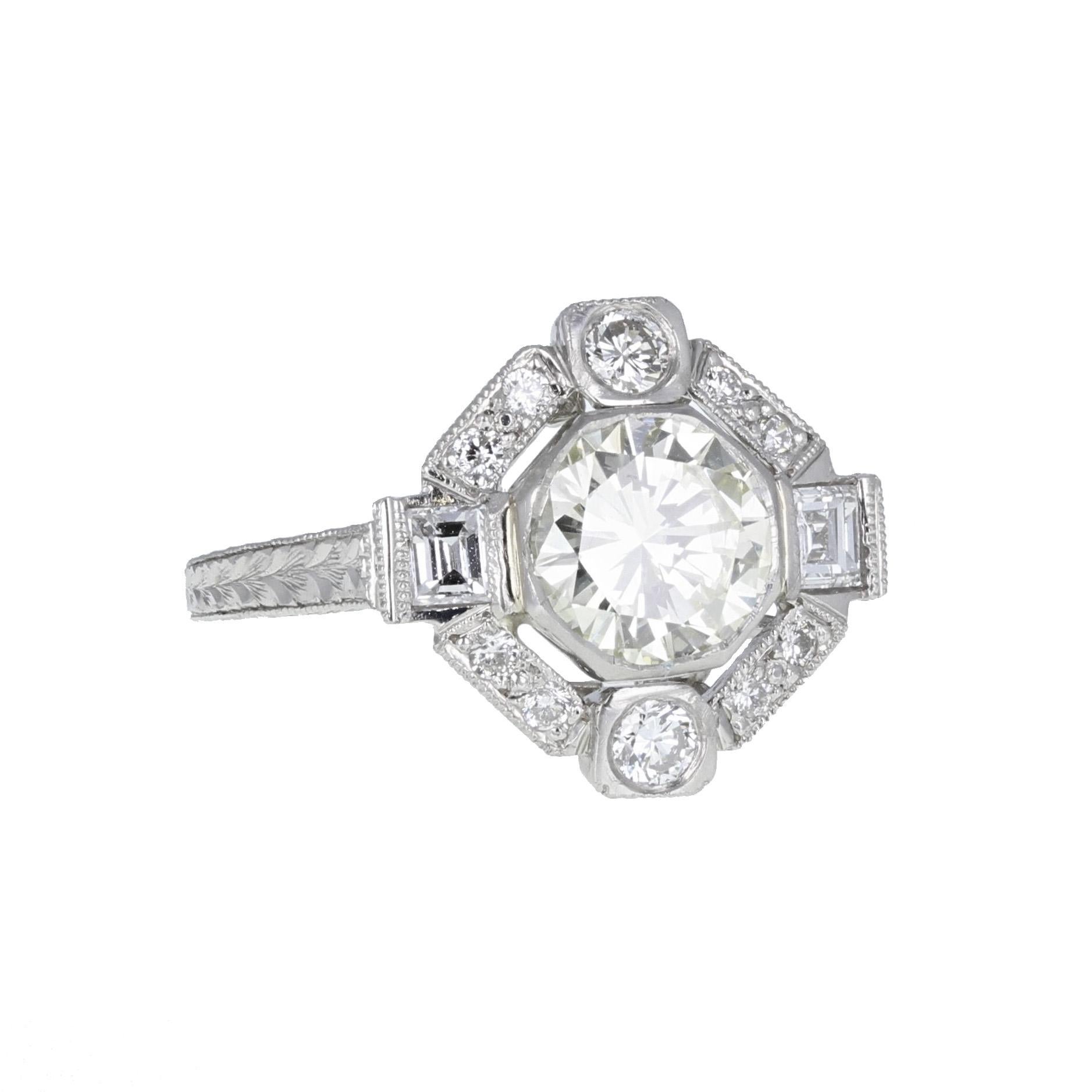 Round Cut Art Deco Platinum Diamond Engagement Cluster Ring For Sale