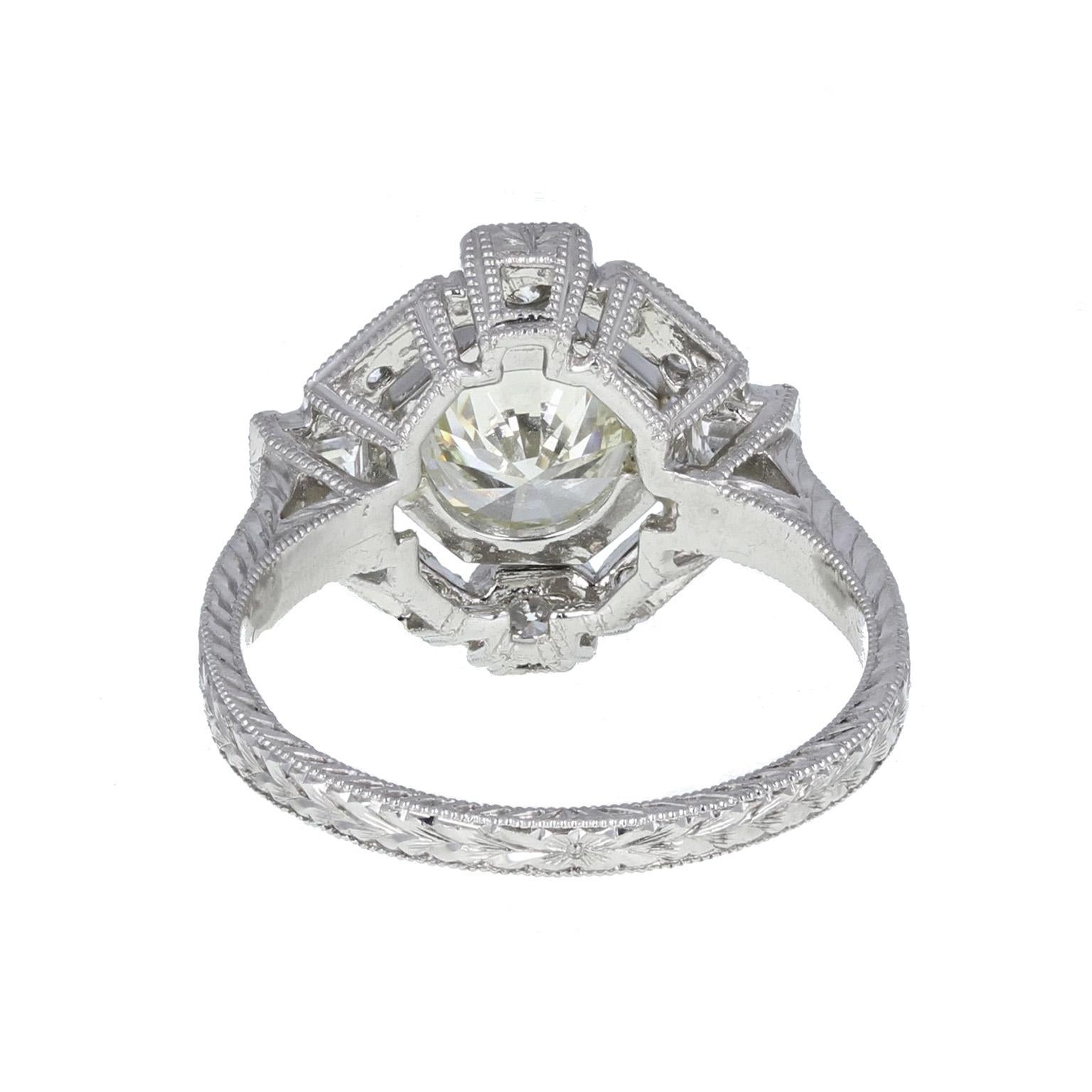 Women's or Men's Art Deco Platinum Diamond Engagement Cluster Ring For Sale